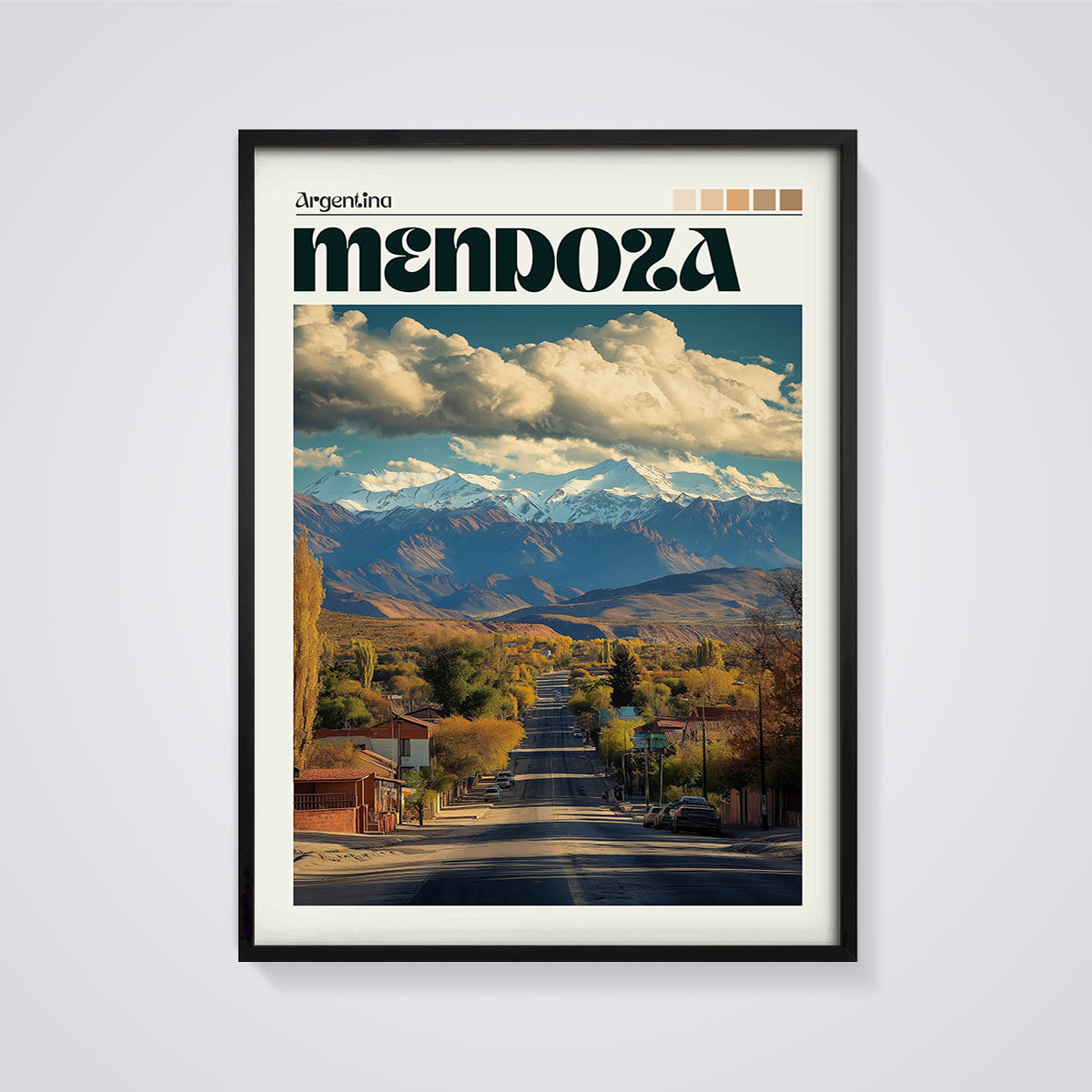 Mendoza Mountains Road Print framed in black on a grey background