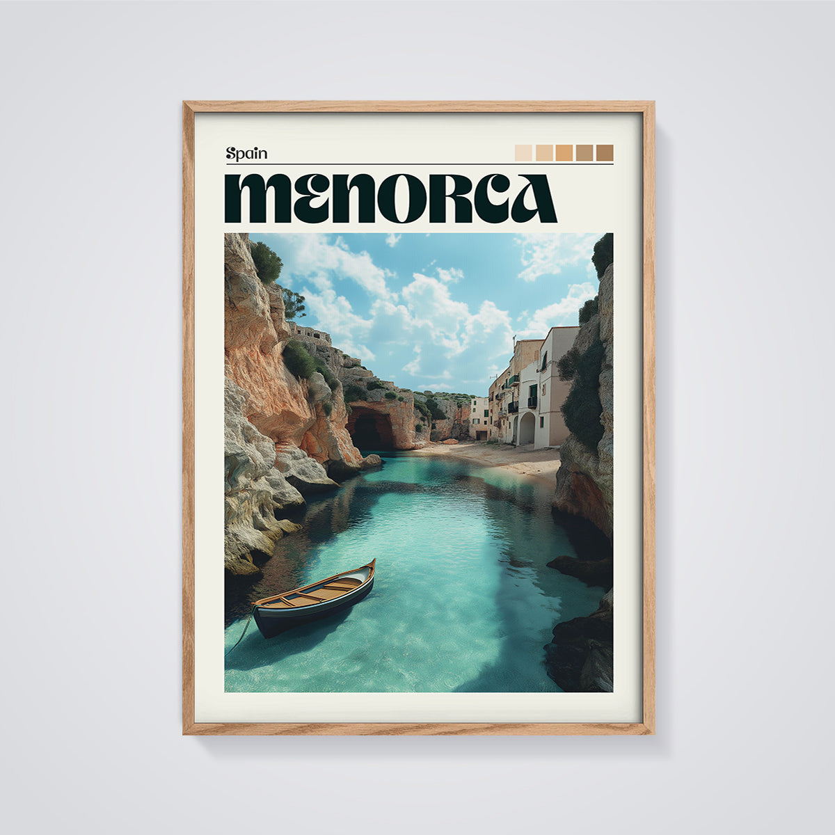 Menorca Boat Cove Print framed in oak on a grey background