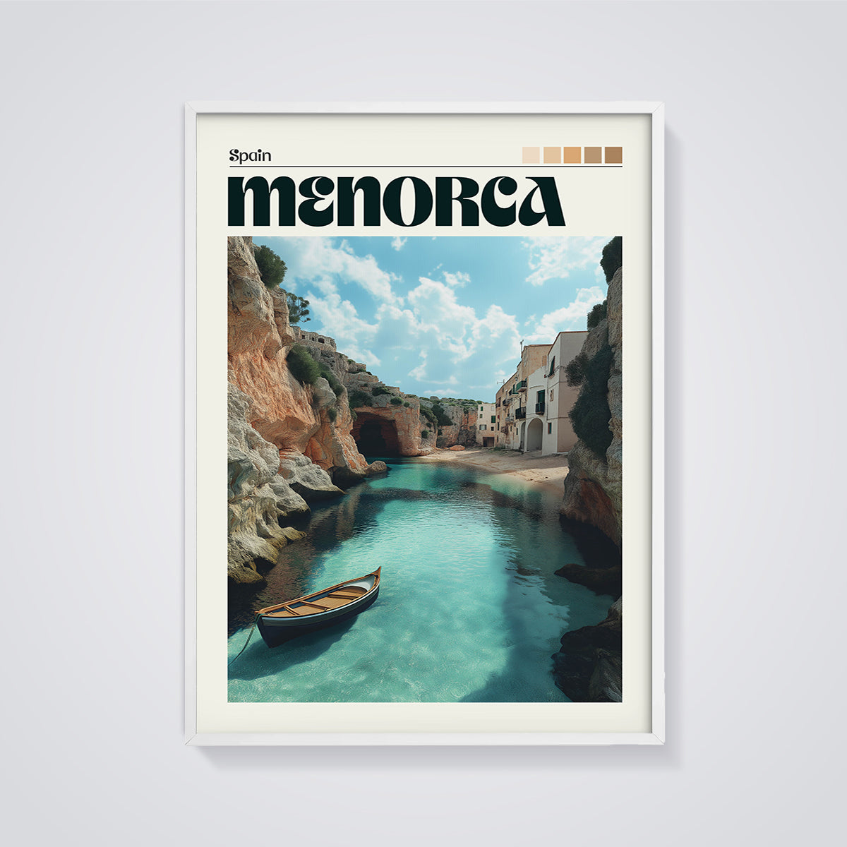 Menorca Boat Cove Print framed in white on a grey background
