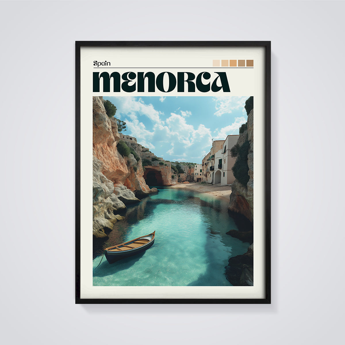 Menorca Boat Cove Print framed in black on a grey background