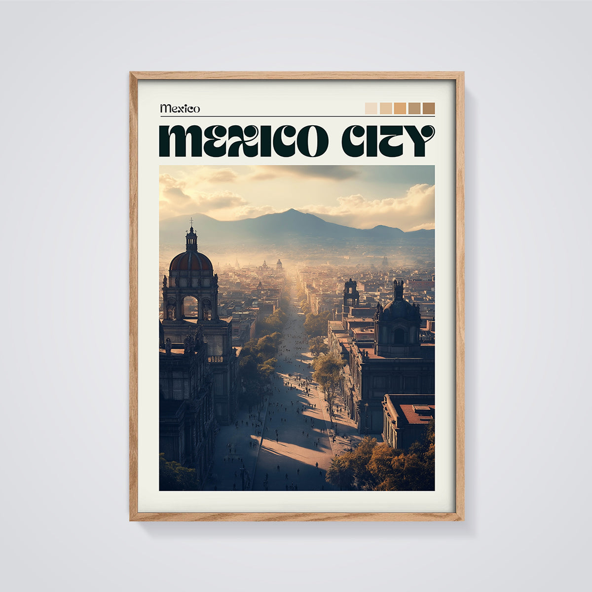 Mexico City Travel Print framed in oak on a grey background