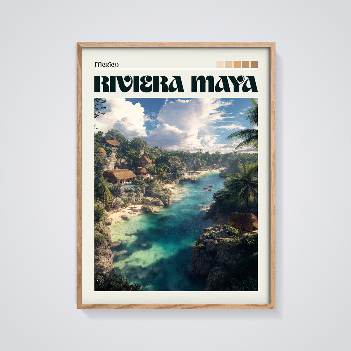 Mexico Riviera Maya Lagoon Print framed in oak on a grey background
