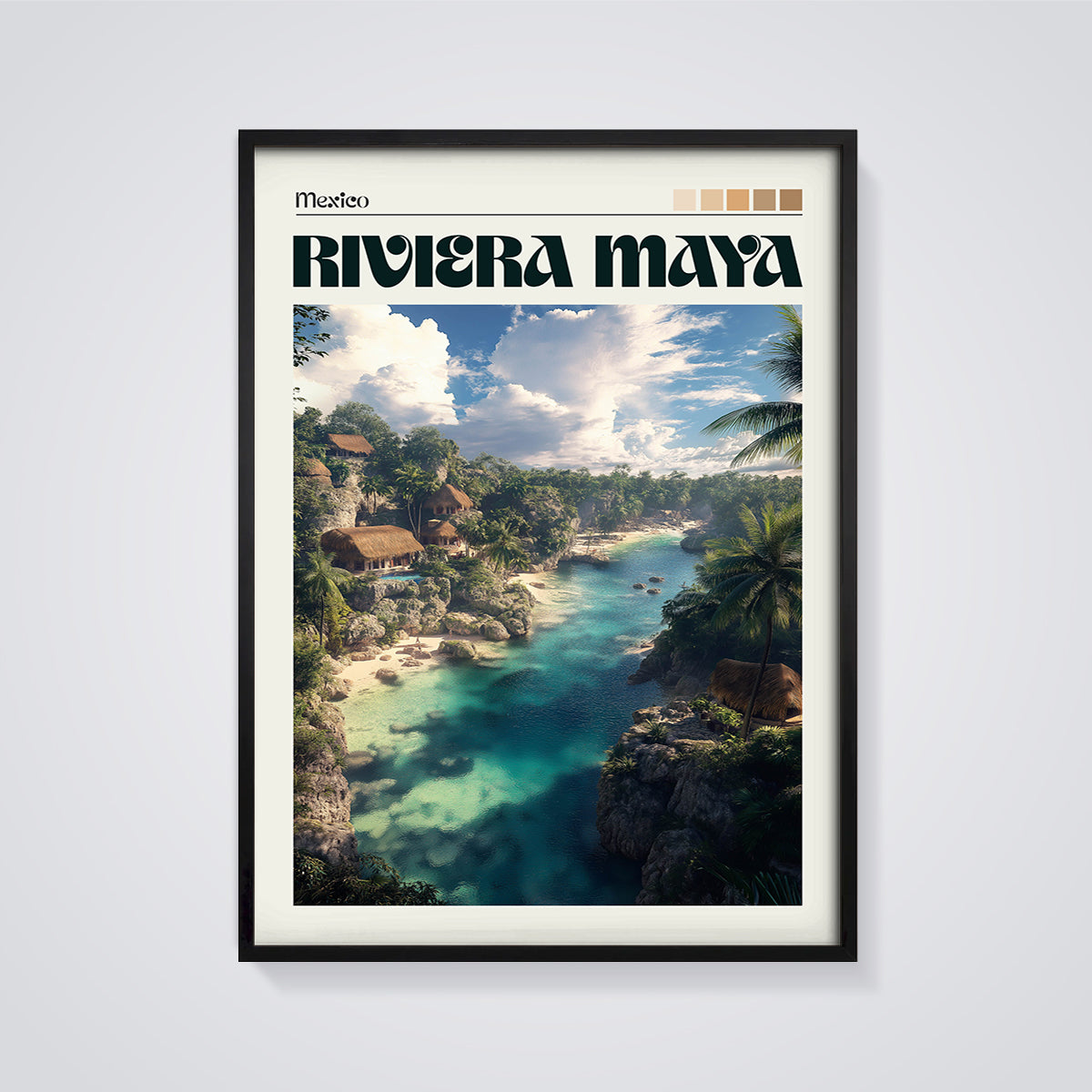 Mexico Riviera Maya Lagoon Print framed in black on a grey background