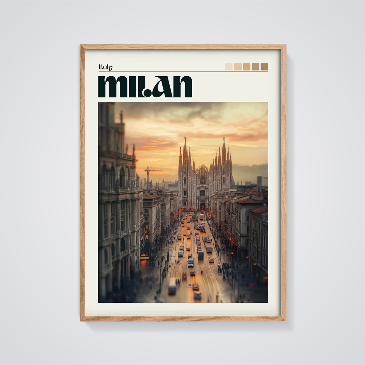 Milan Duomo Sunset Print framed in oak on a grey background