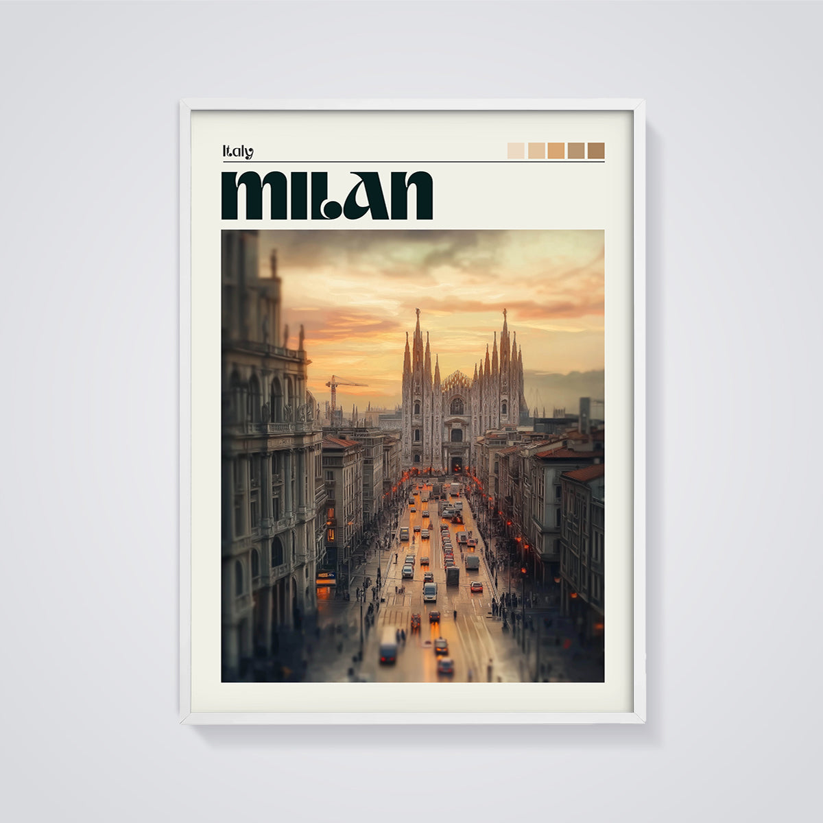 Milan Duomo Sunset Print framed in white on a grey background