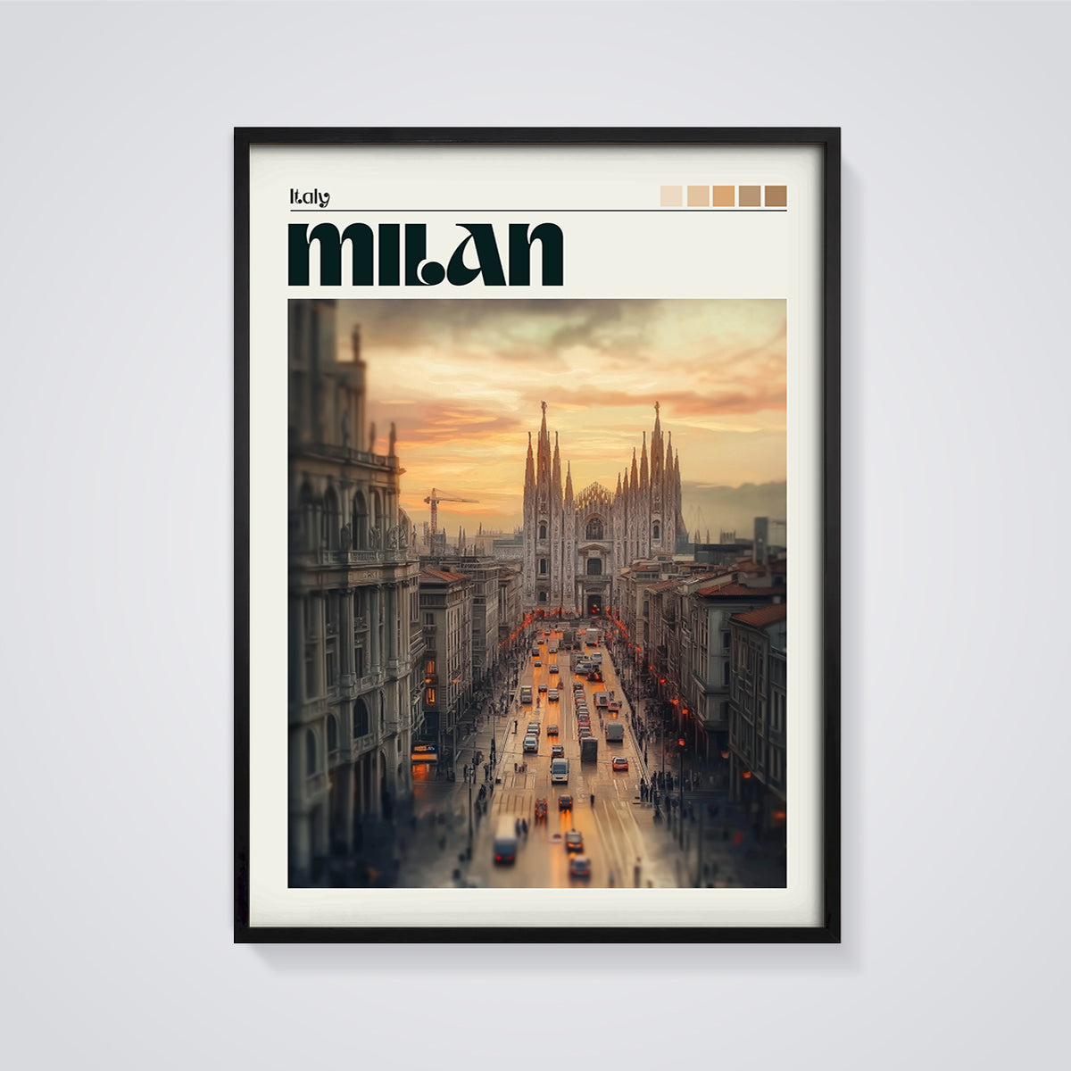 Milan Duomo Sunset Print framed in black on a grey background