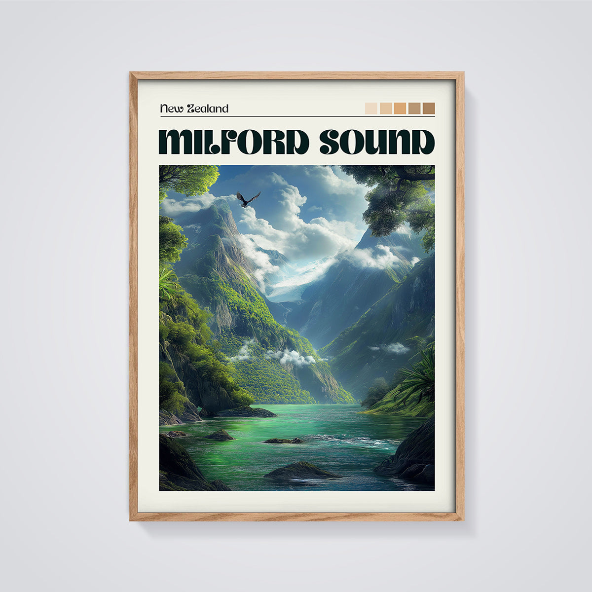 Milford Sound New Zealand Print framed in oak on a grey background