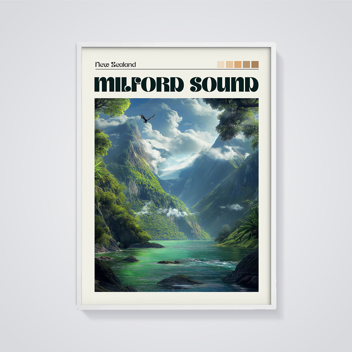 Milford Sound New Zealand Print framed in white on a grey background