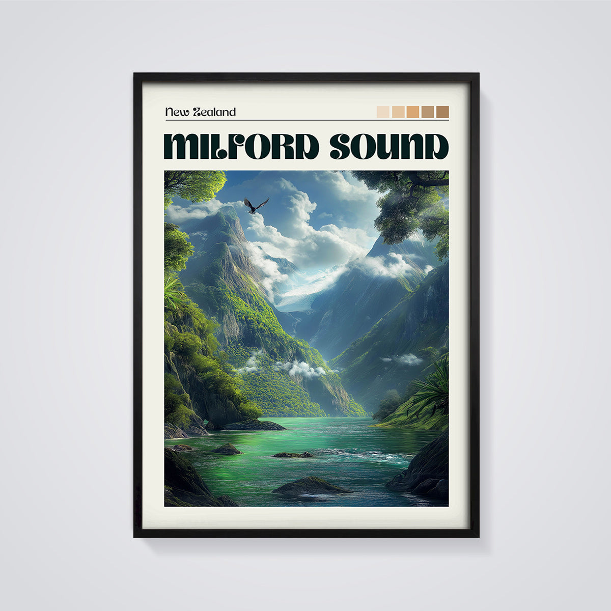 Milford Sound New Zealand Print framed in black on a grey background