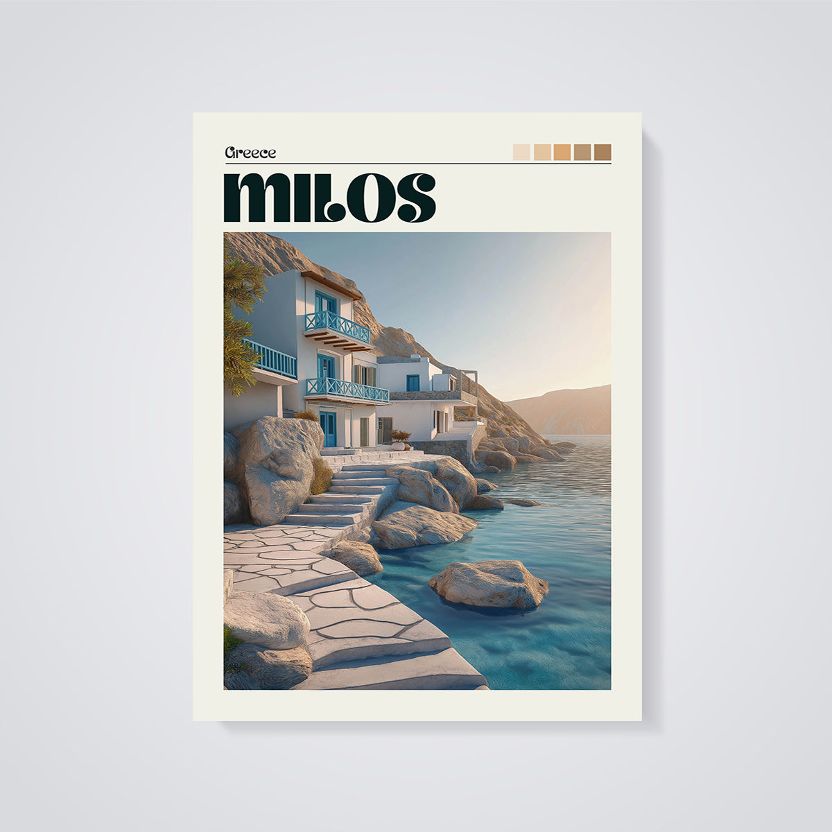 Milos Greece Cliffside Villa Print unframed on a grey background