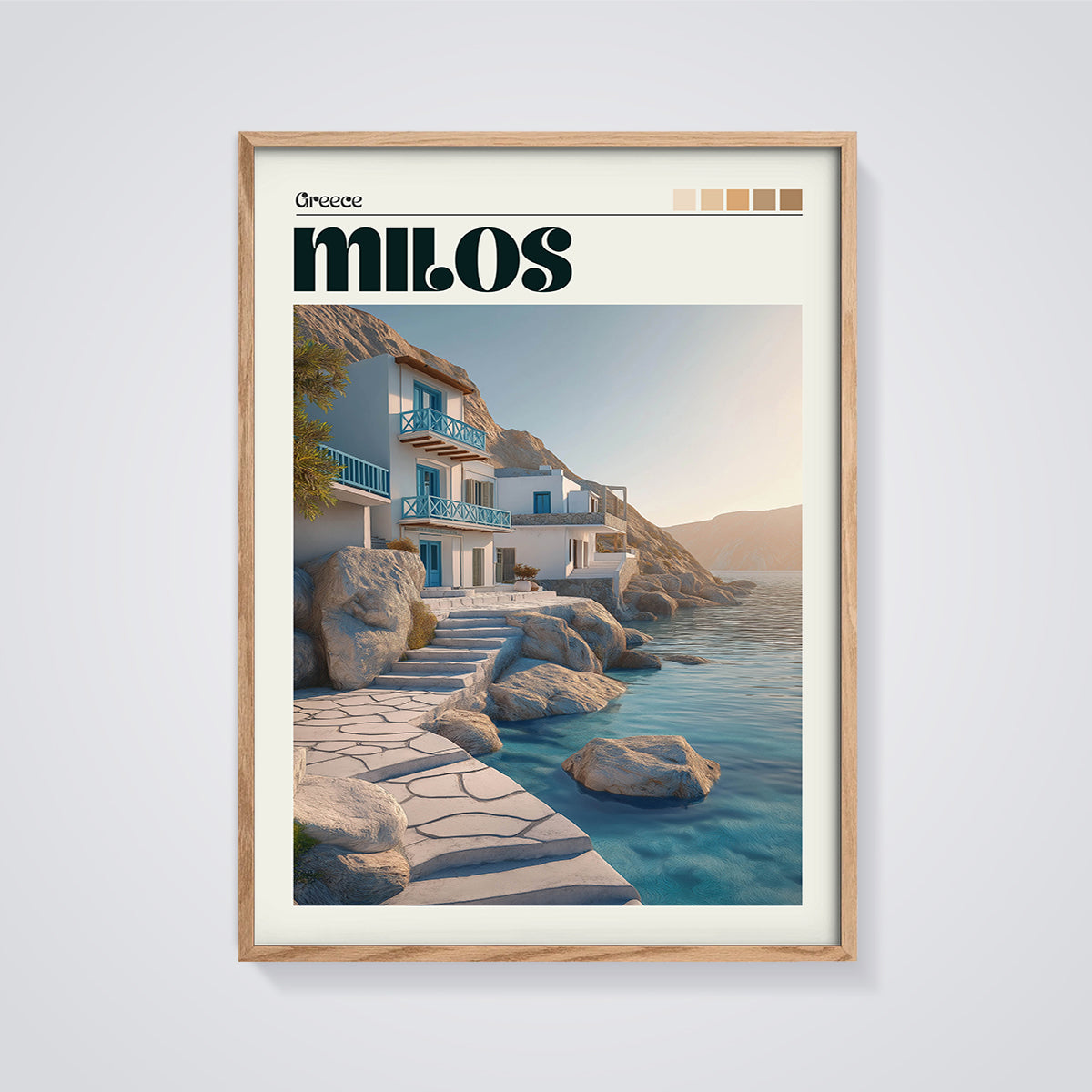 Milos Greece Cliffside Villa Print framed in oak on a grey background