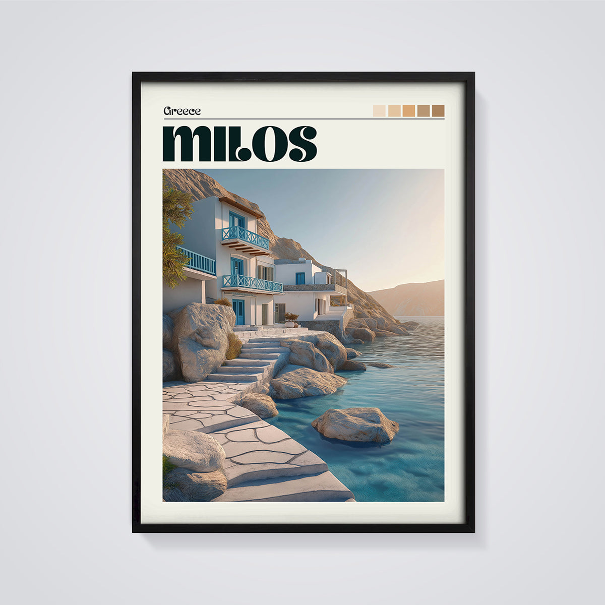 Milos Greece Cliffside Villa Print framed in black on a grey background