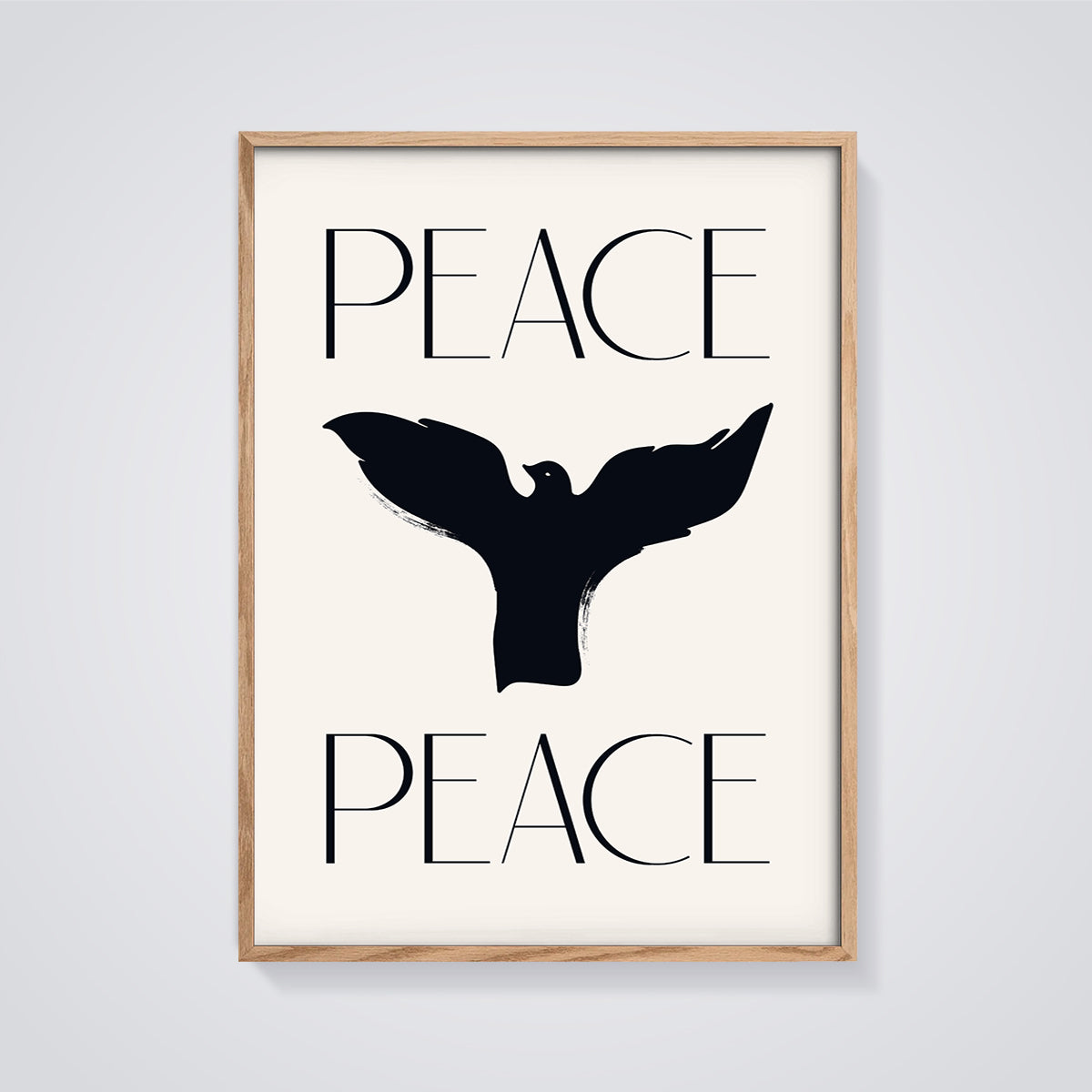 Minimalist Peace Dove Print framed in oak on a grey background