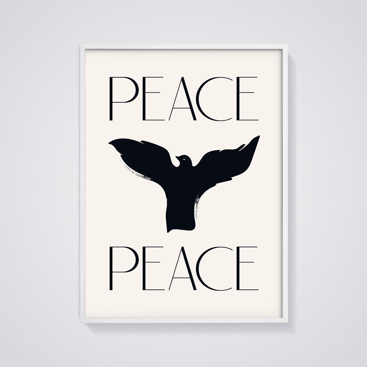 Minimalist Peace Dove Print framed in white on a grey background