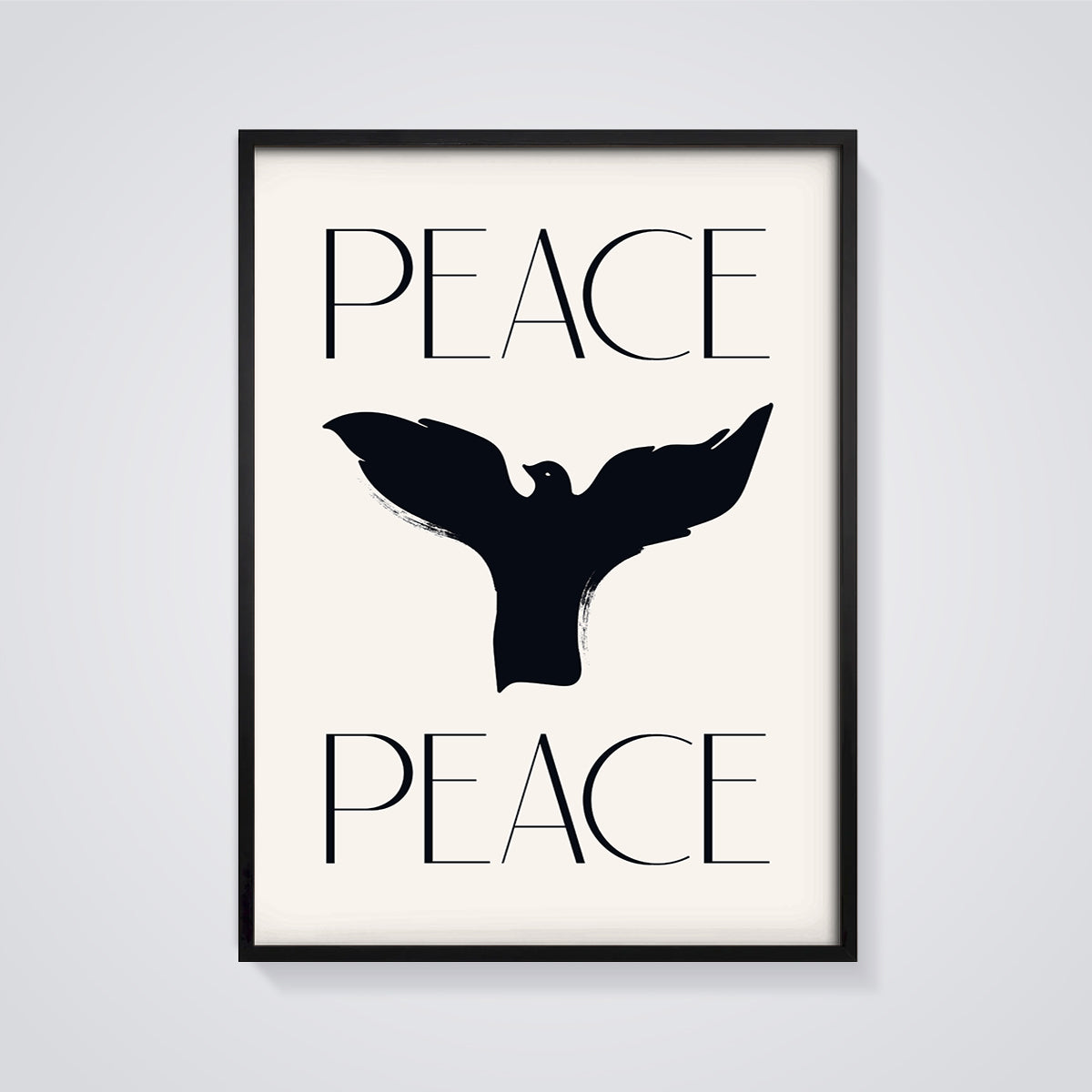 Minimalist Peace Dove Print framed in black on a grey background