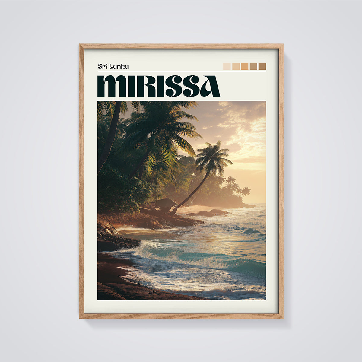 Mirissa Sri Lanka Sunset Beach Print framed in oak on a grey background