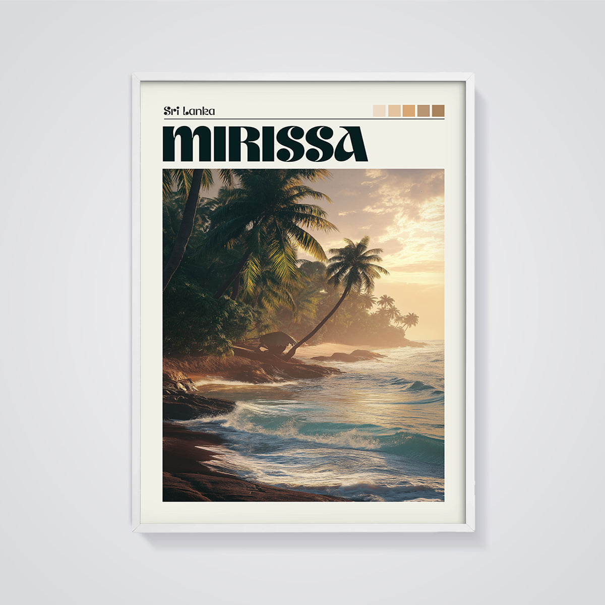 Mirissa Sri Lanka Sunset Beach Print framed in white on a grey background