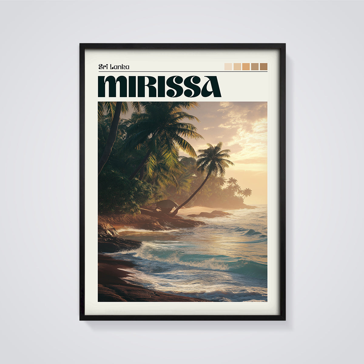Mirissa Sri Lanka Sunset Beach Print framed in black on a grey background