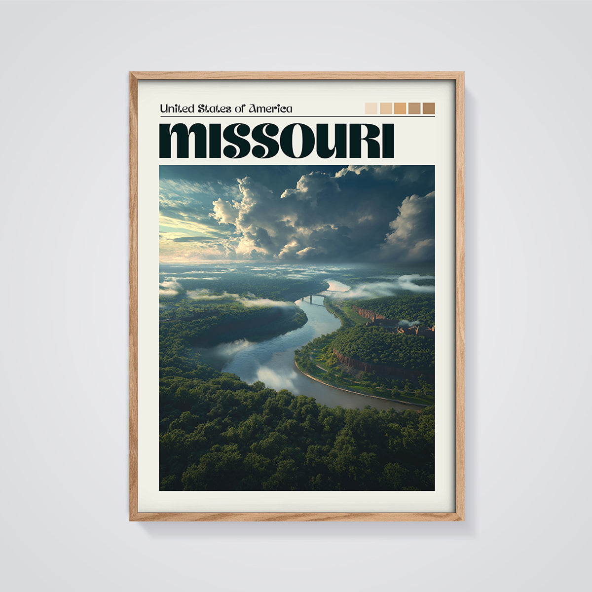 Missouri River Landscape Print framed in oak on a grey background