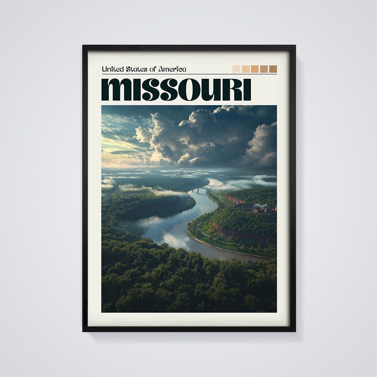 Missouri River Landscape Print framed in black on a grey background