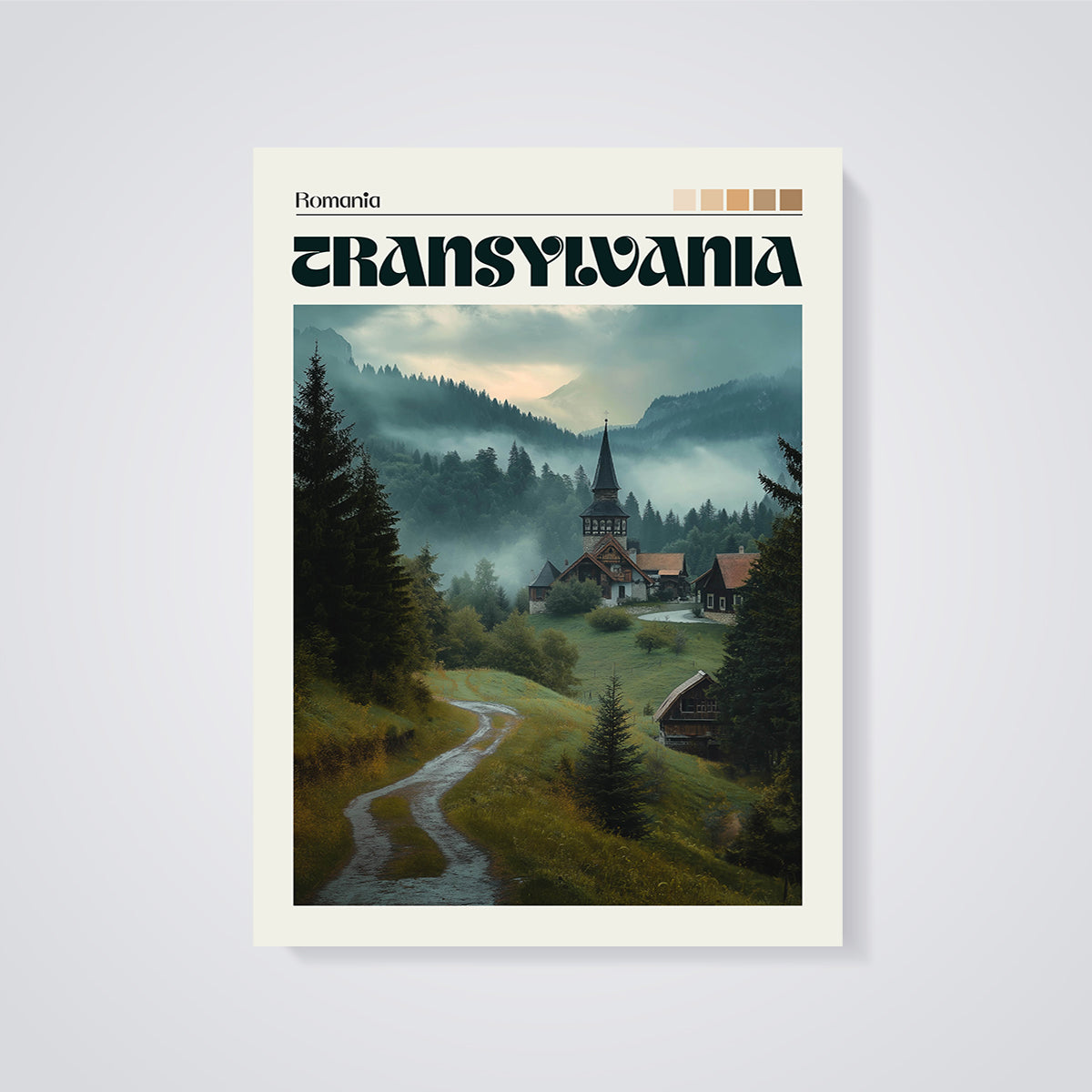 Misty Transylvania Village Print unframed on a grey background