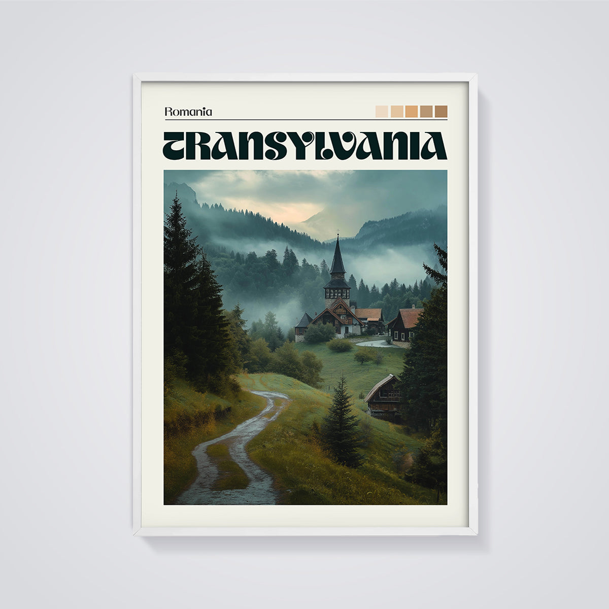 Misty Transylvania Village Print framed in white on a grey background