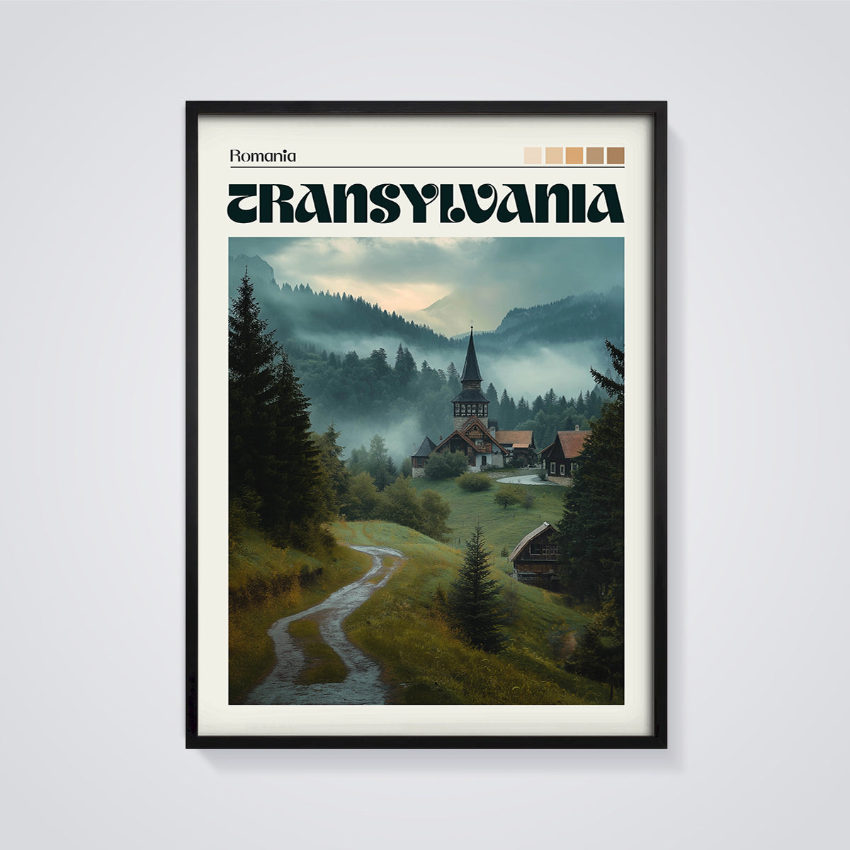 Misty Transylvania Village Print framed in black on a grey background