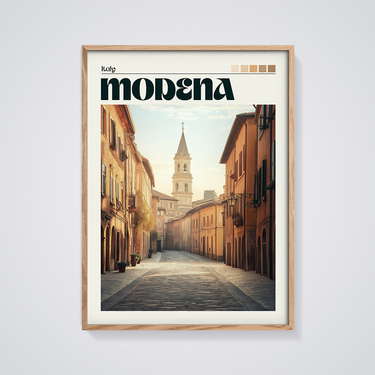 Modena Italy Street Print framed in oak on a grey background