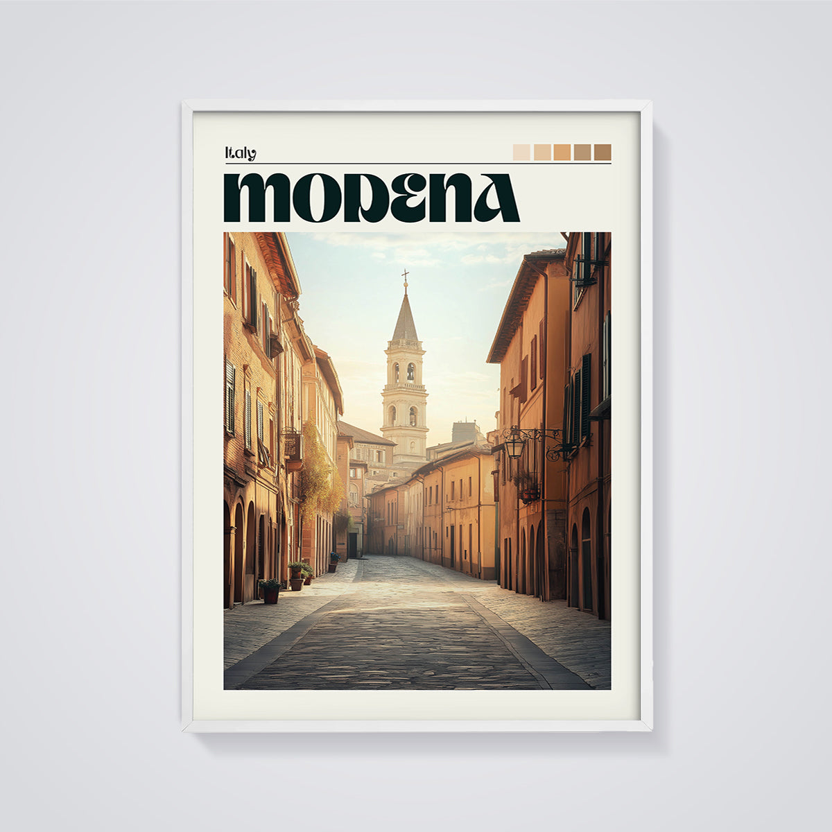 Modena Italy Street Print framed in white on a grey background
