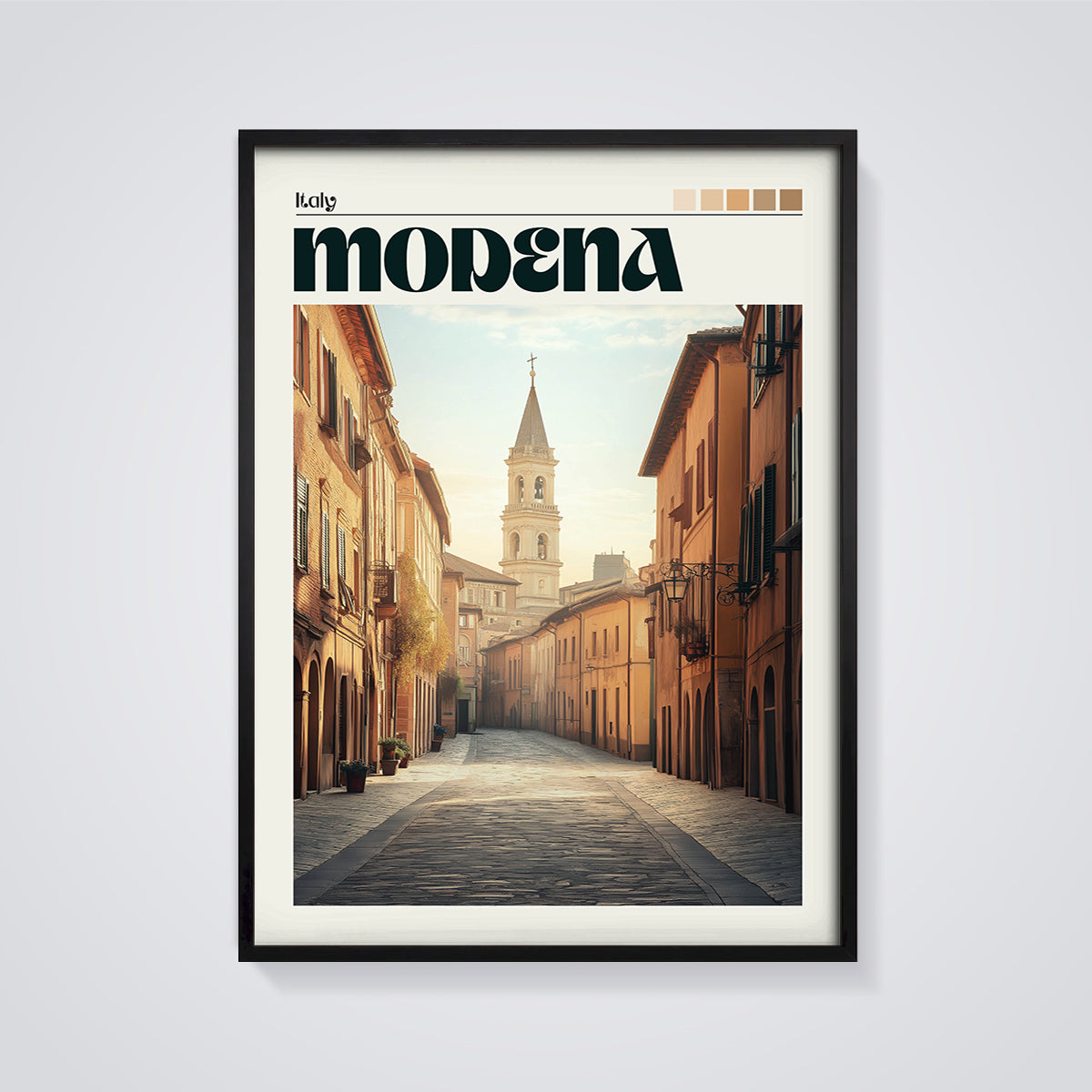 Modena Italy Street Print framed in black on a grey background