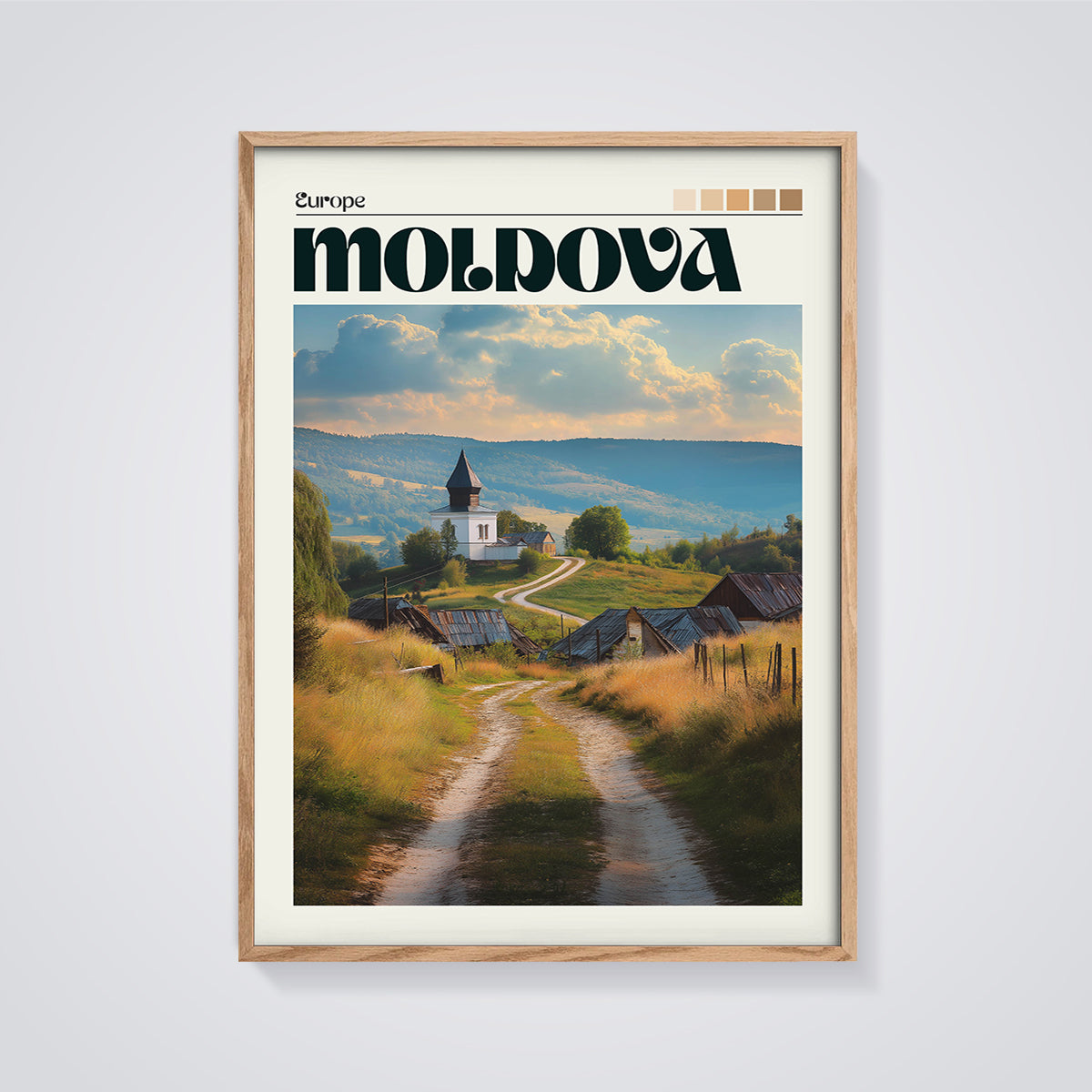 Moldova Rural Church Print framed in oak on a grey background