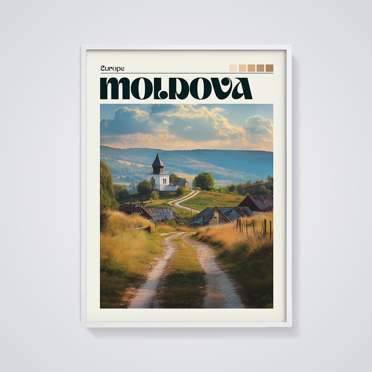 Moldova Rural Church Print framed in white on a grey background