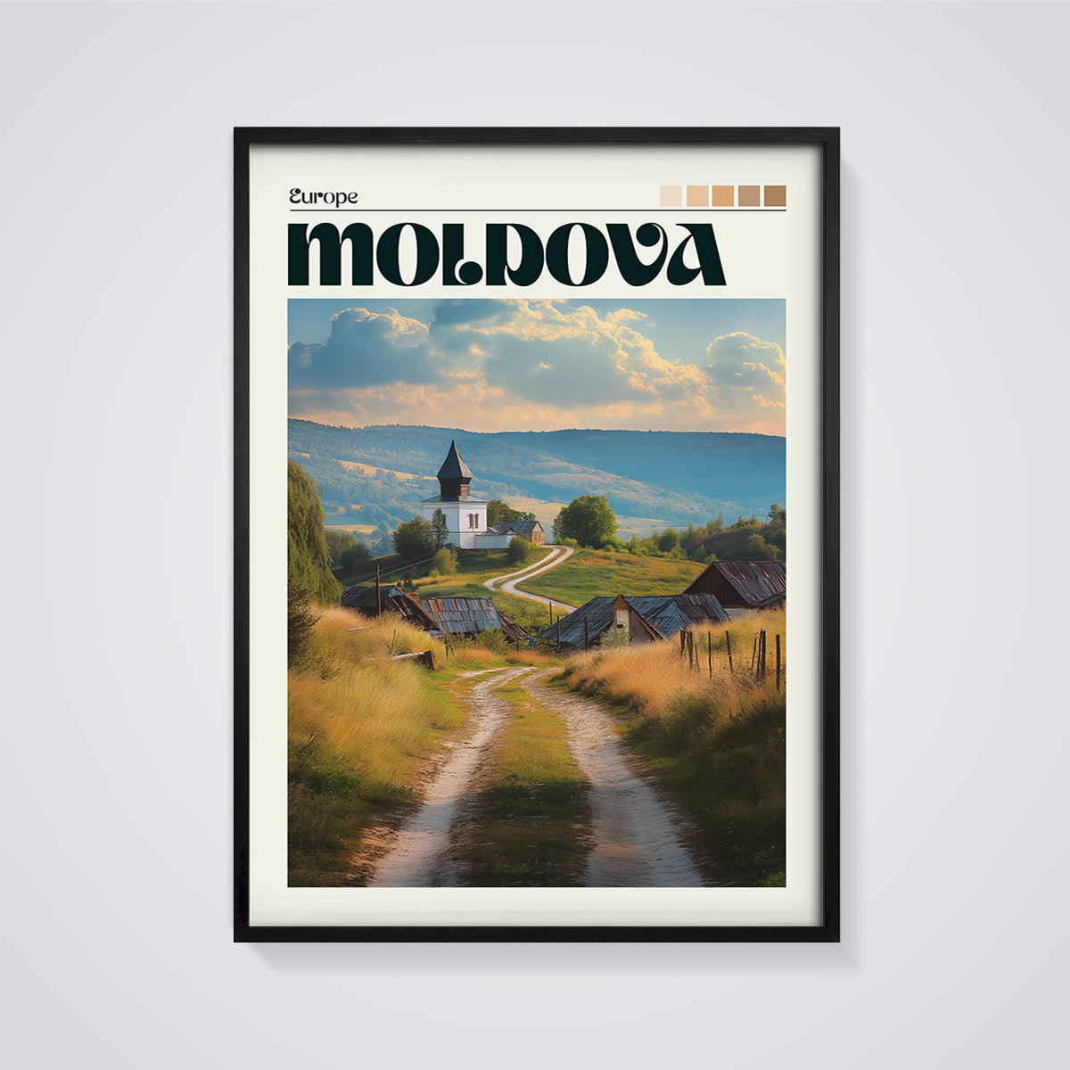 Moldova Rural Church Print framed in black on a grey background