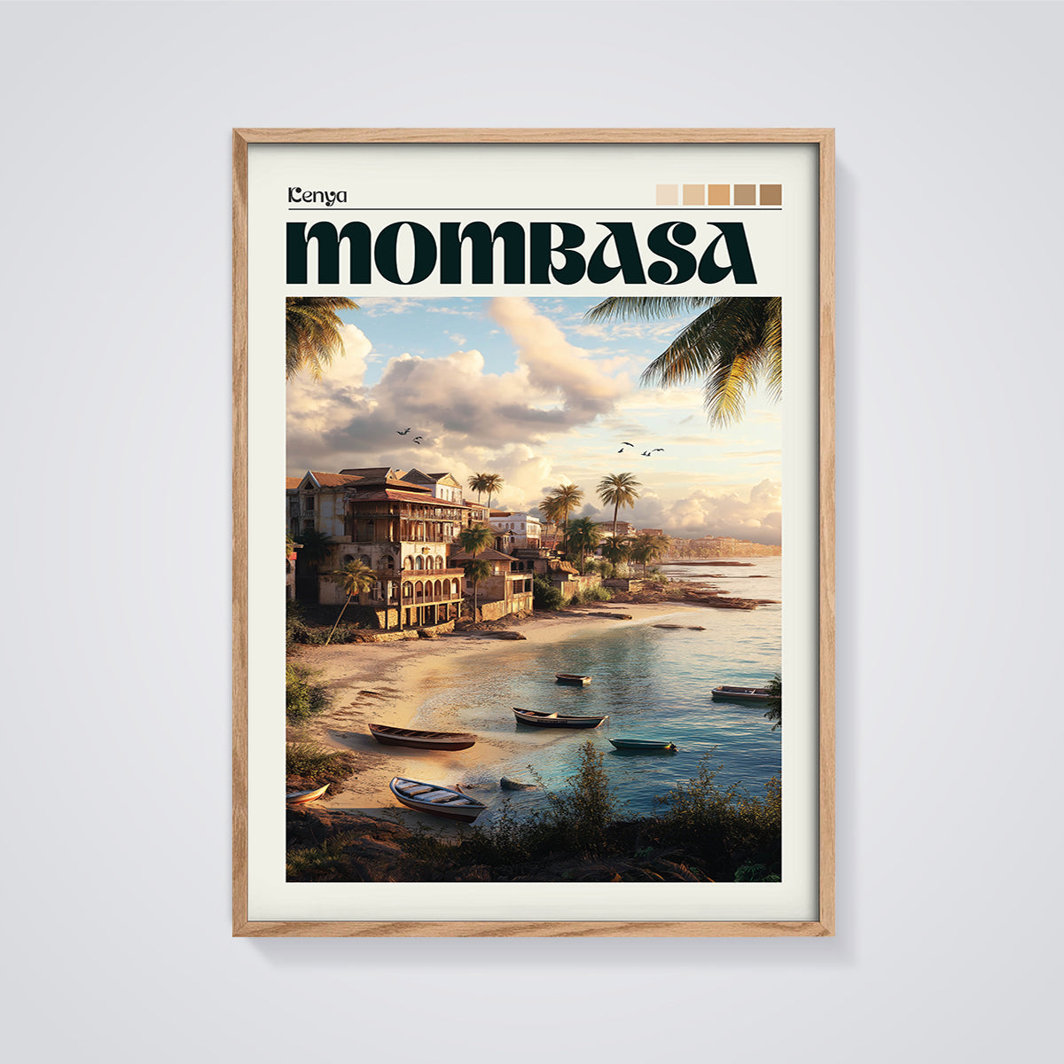 Mombasa Kenya Coastal Print framed in oak on a grey background