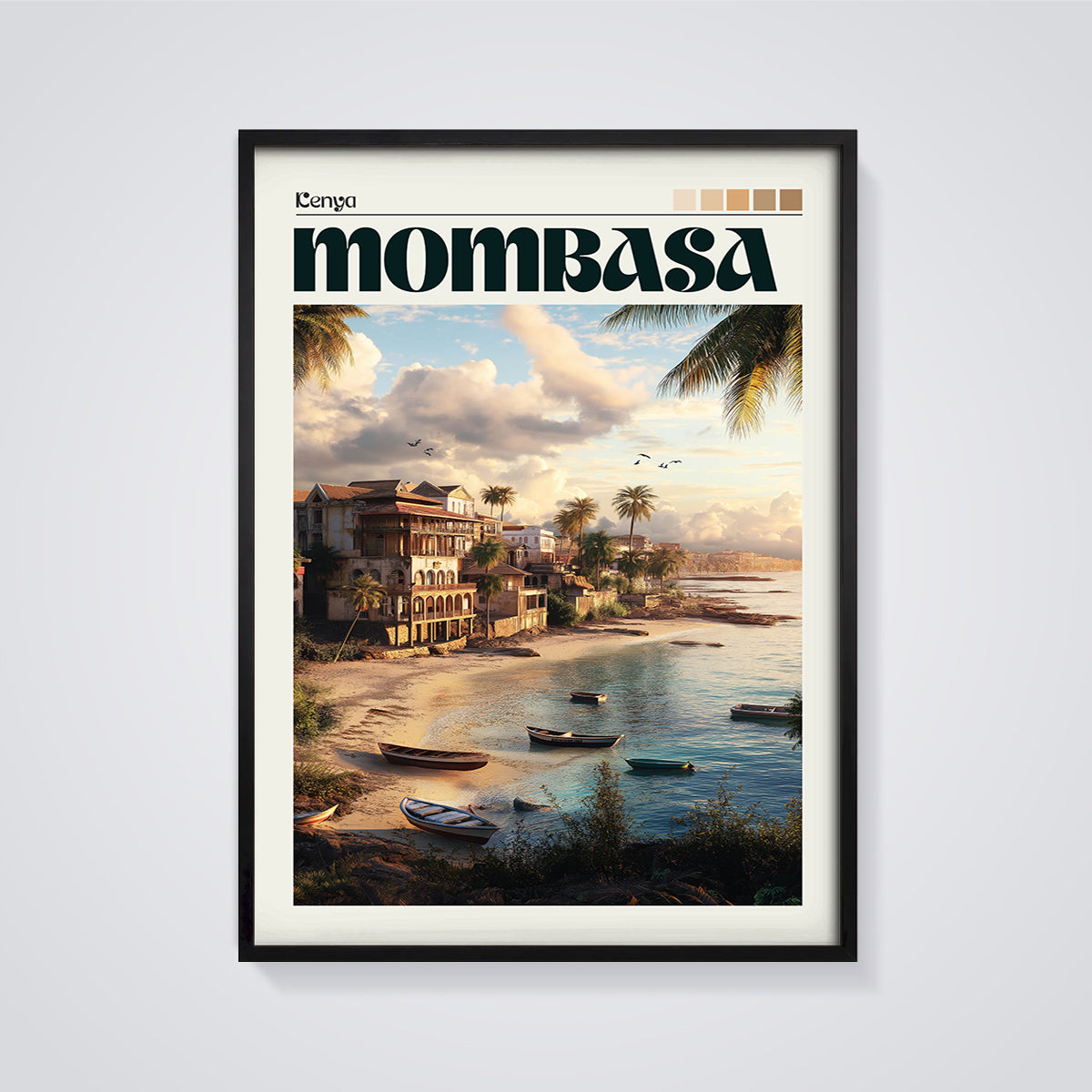 Mombasa Kenya Coastal Print framed in black on a grey background