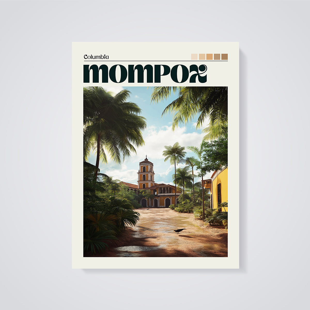 Mompox Tropical Town Print unframed on a grey background