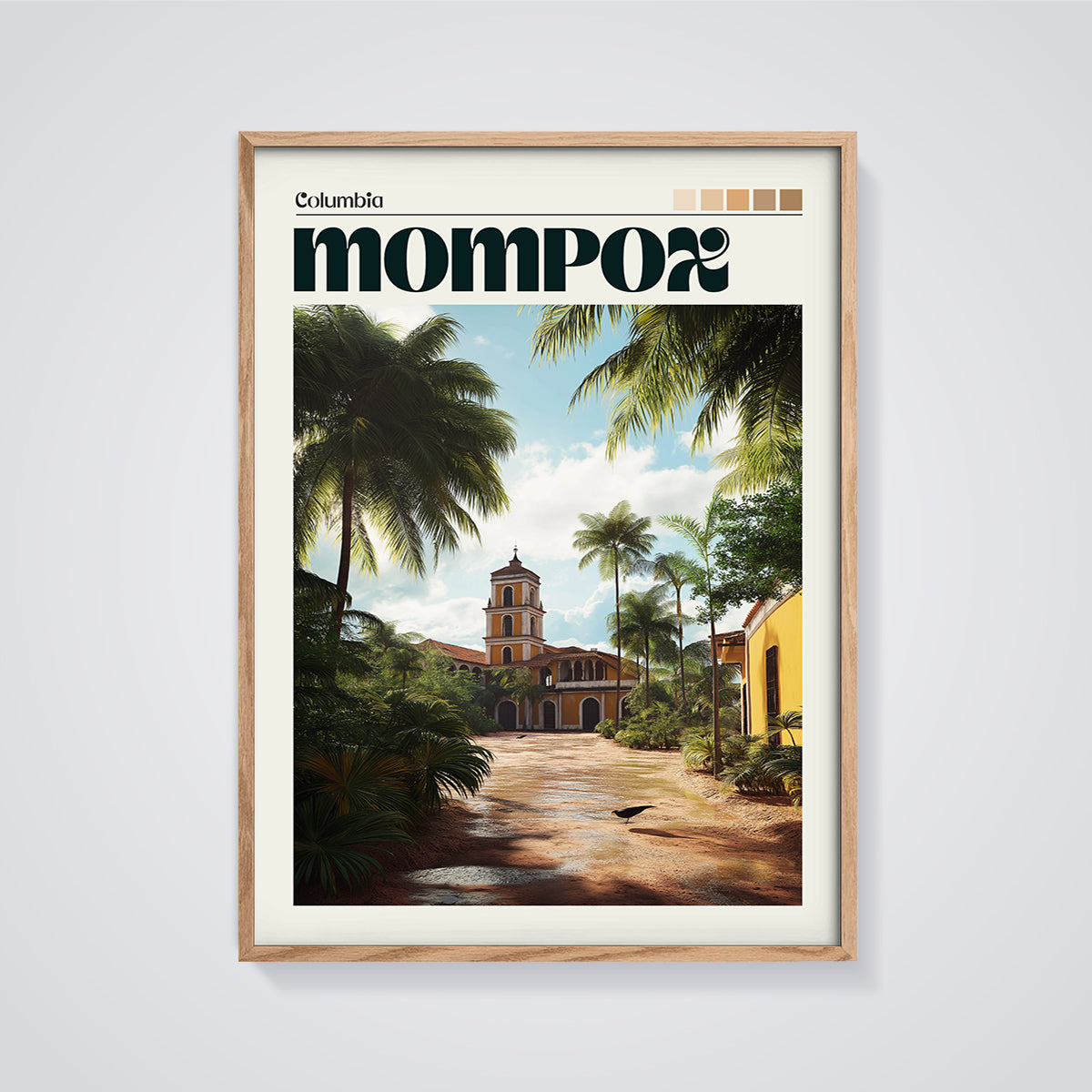 Mompox Tropical Town Print framed in oak on a grey background