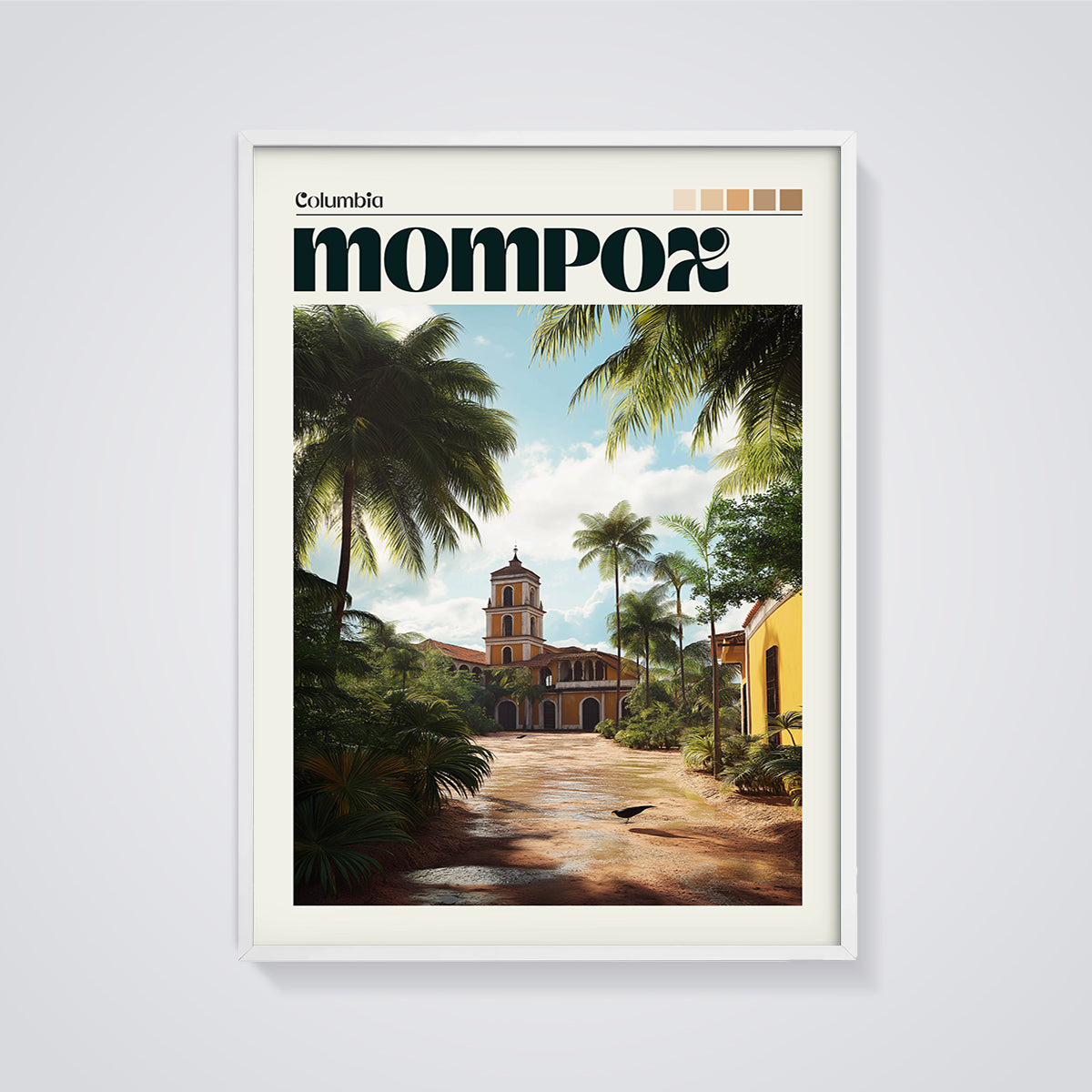 Mompox Tropical Town Print framed in white on a grey background