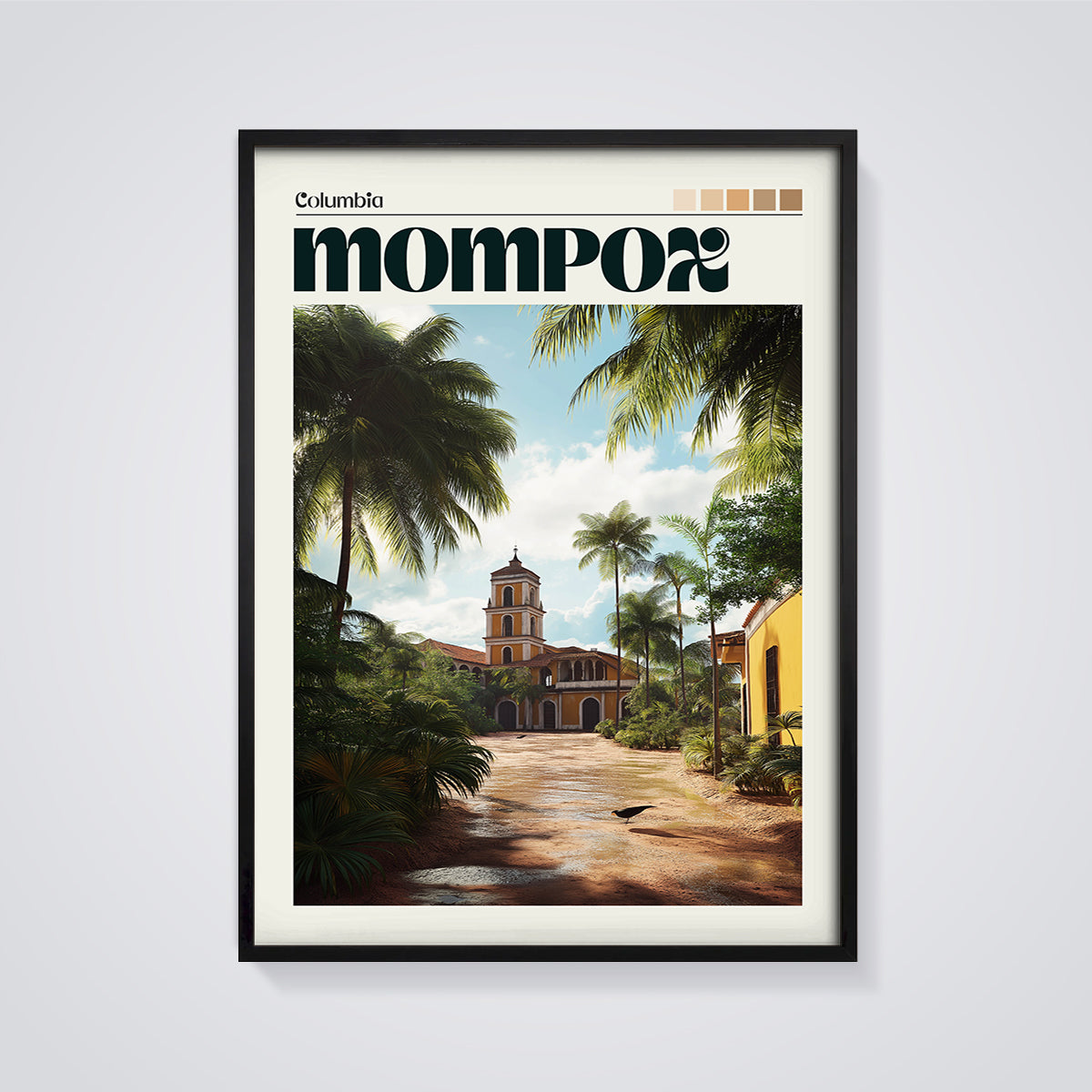 Mompox Tropical Town Print framed in black on a grey background