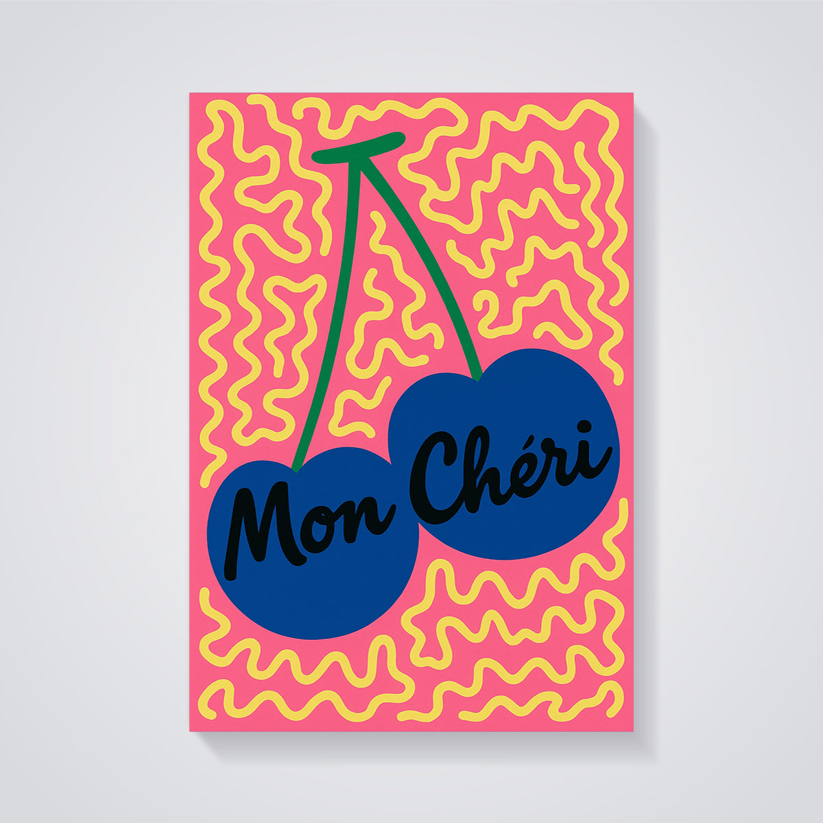 Mon Chéri Blue Cherries Print unframed on a grey background