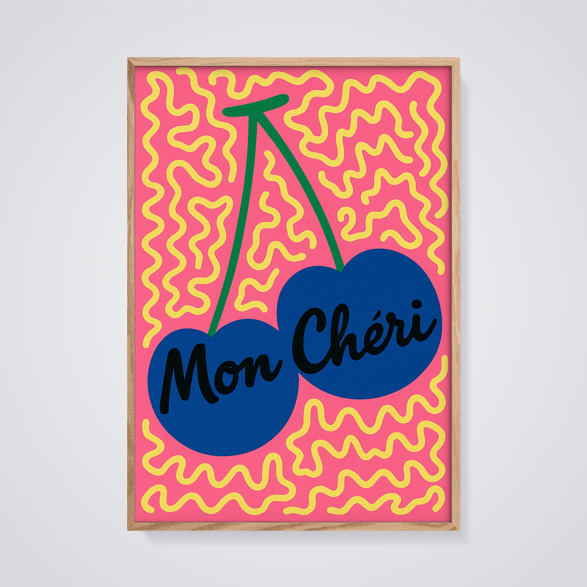 Mon Chéri Blue Cherries Print framed in oak on a grey background