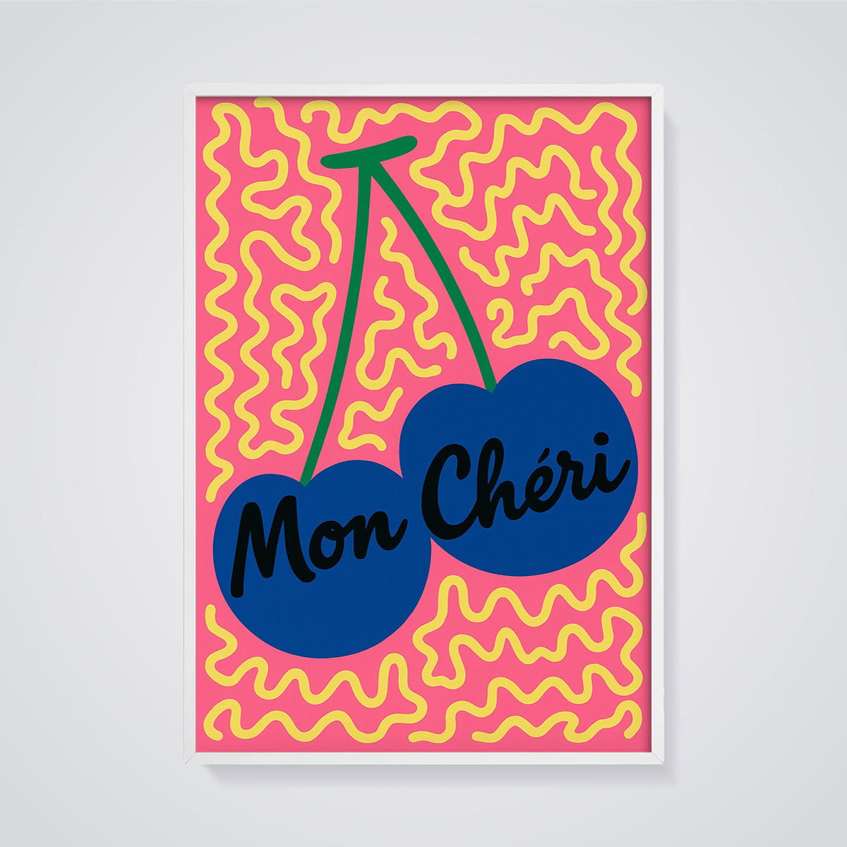 Mon Chéri Blue Cherries Print framed in white on a grey background
