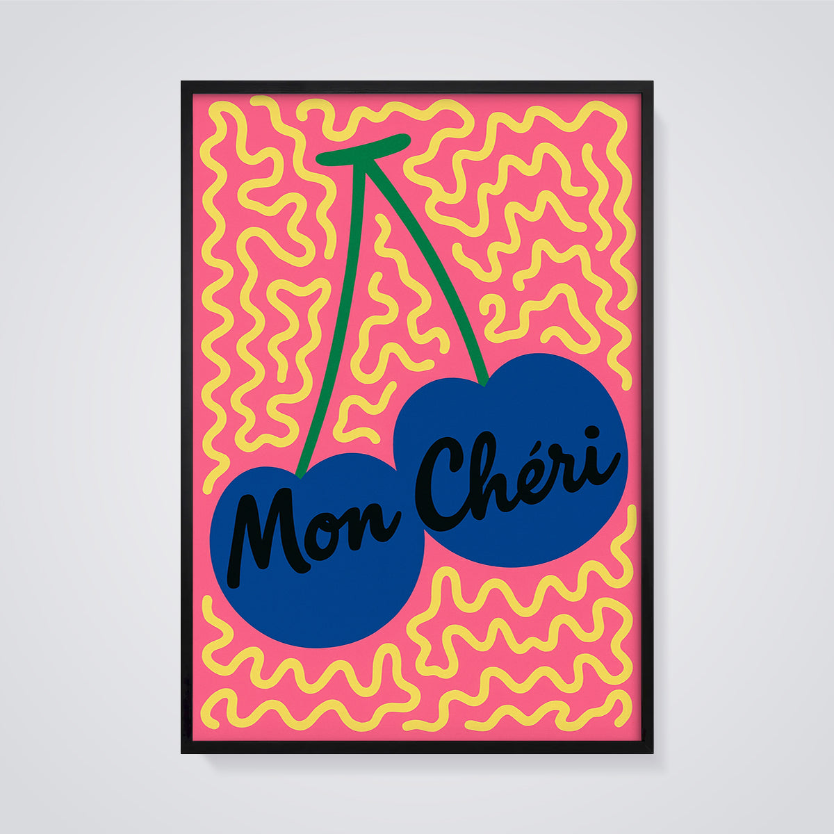 Mon Chéri Blue Cherries Print framed in black on a grey background