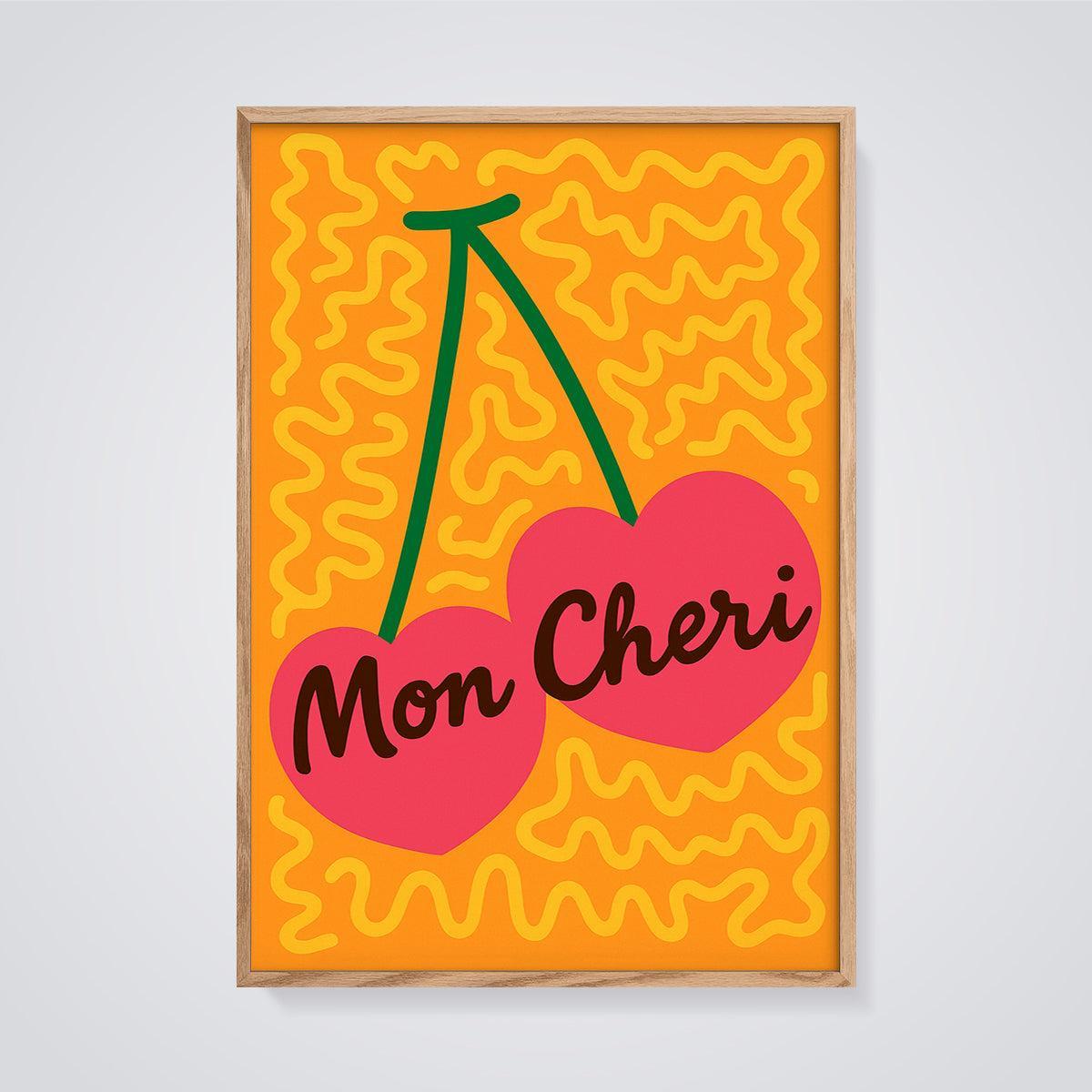 Mon Cheri Cherry Hearts Print framed in oak on a grey background