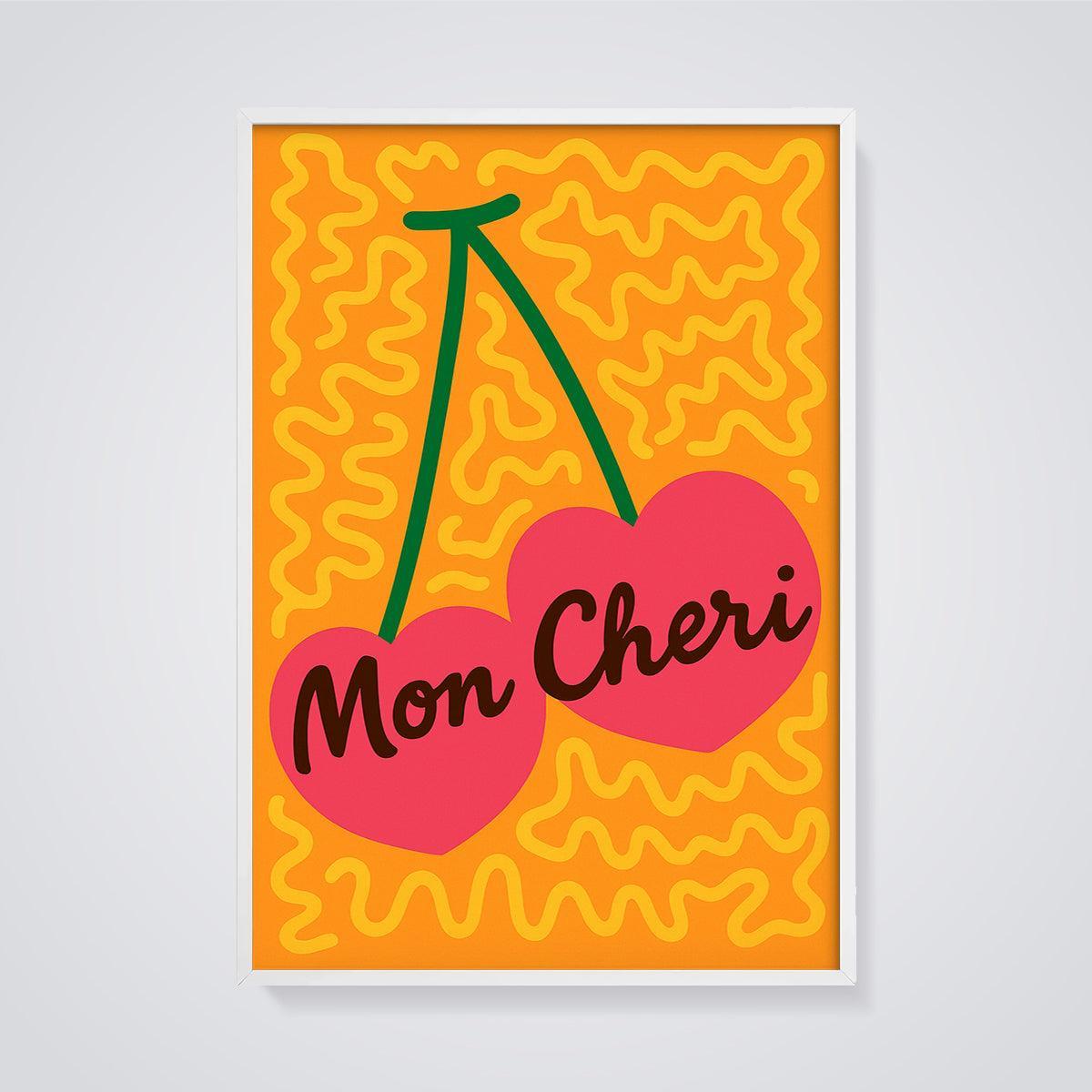 Mon Cheri Cherry Hearts Print framed in white on a grey background