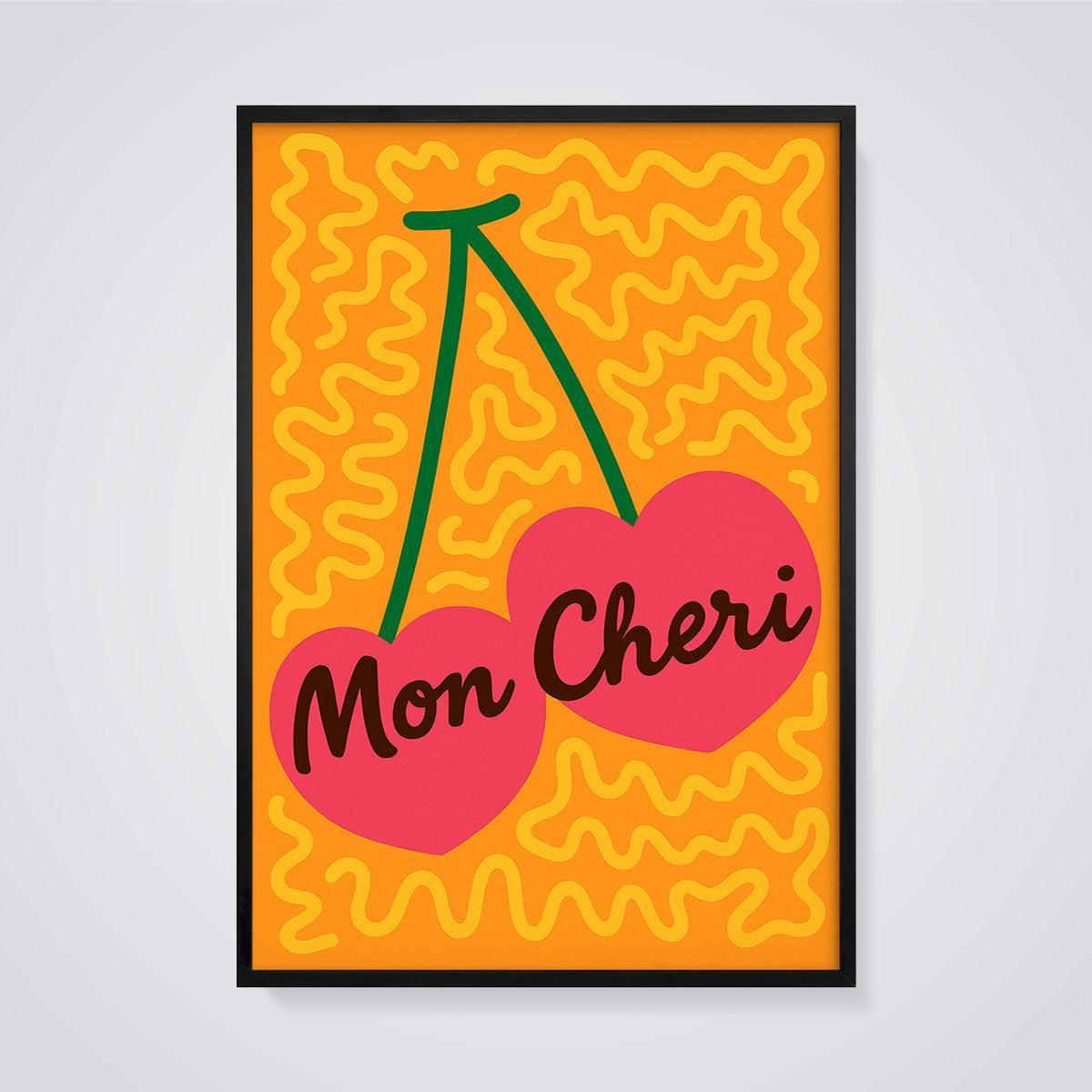 Mon Cheri Cherry Hearts Print framed in black on a grey background