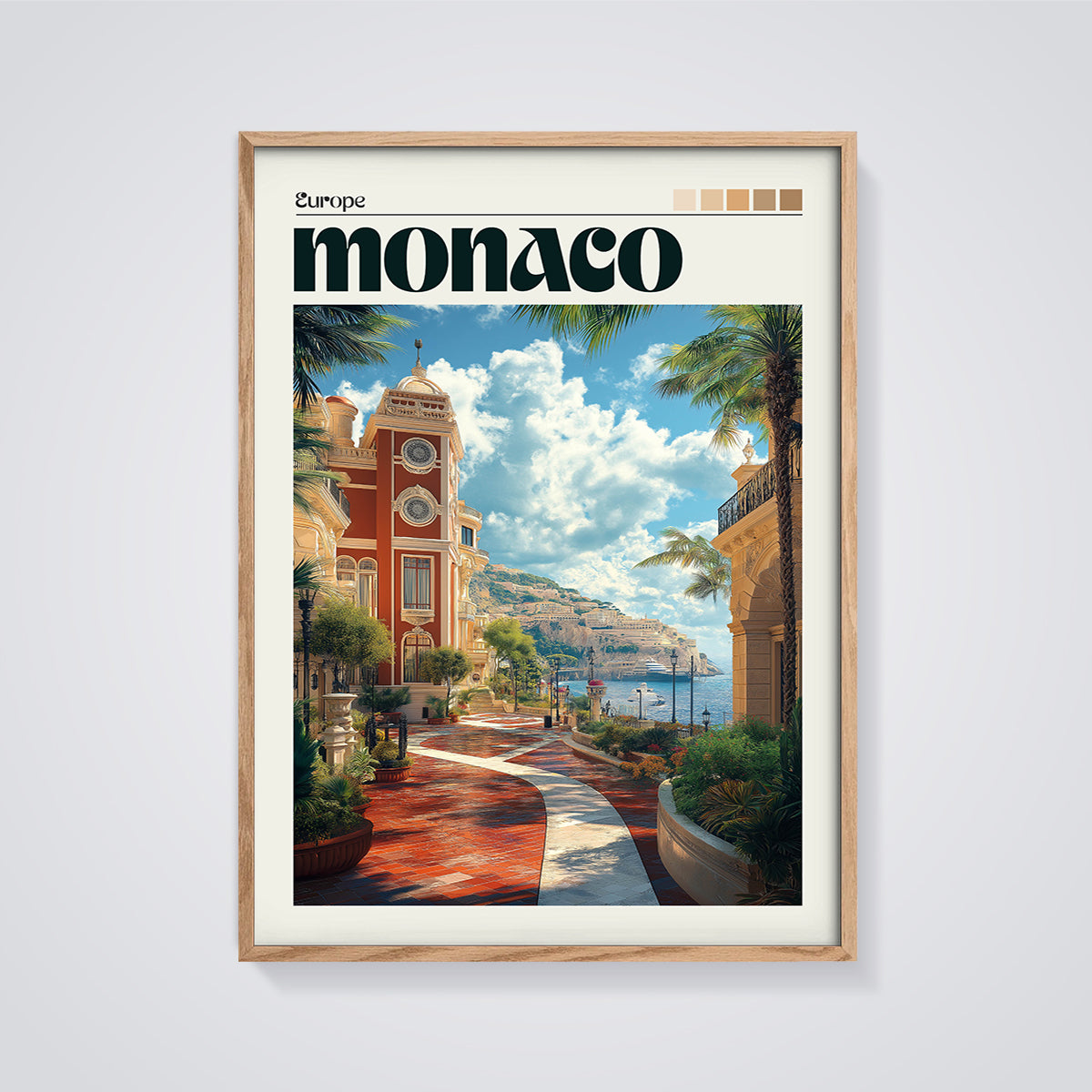 Monaco Riviera Town Print framed in oak on a grey background