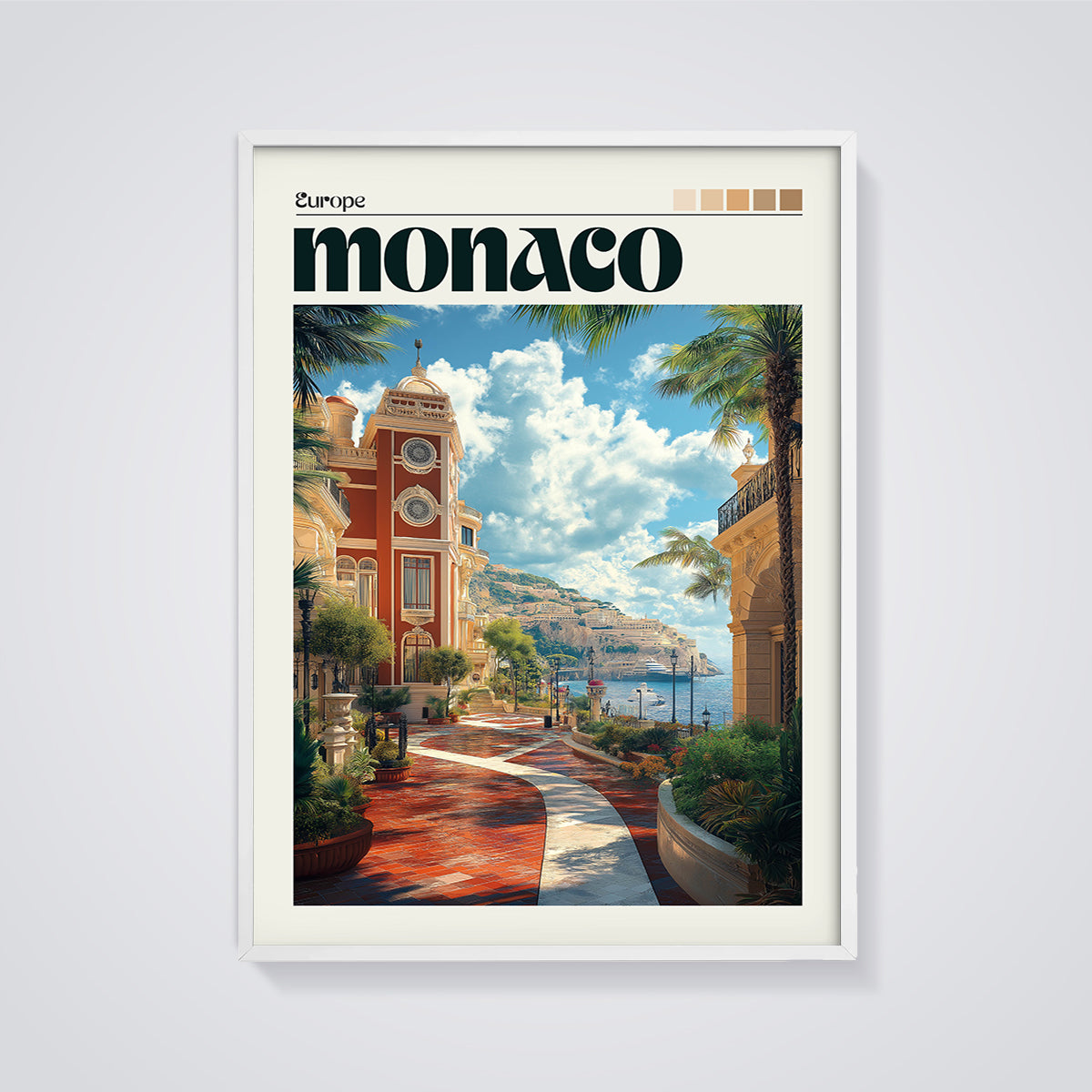 Monaco Riviera Town Print framed in white on a grey background