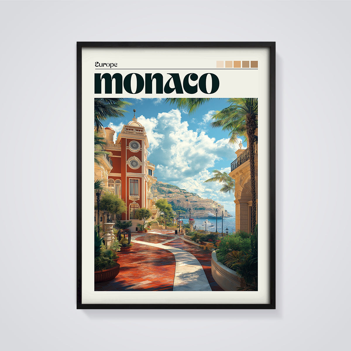 Monaco Riviera Town Print framed in black on a grey background