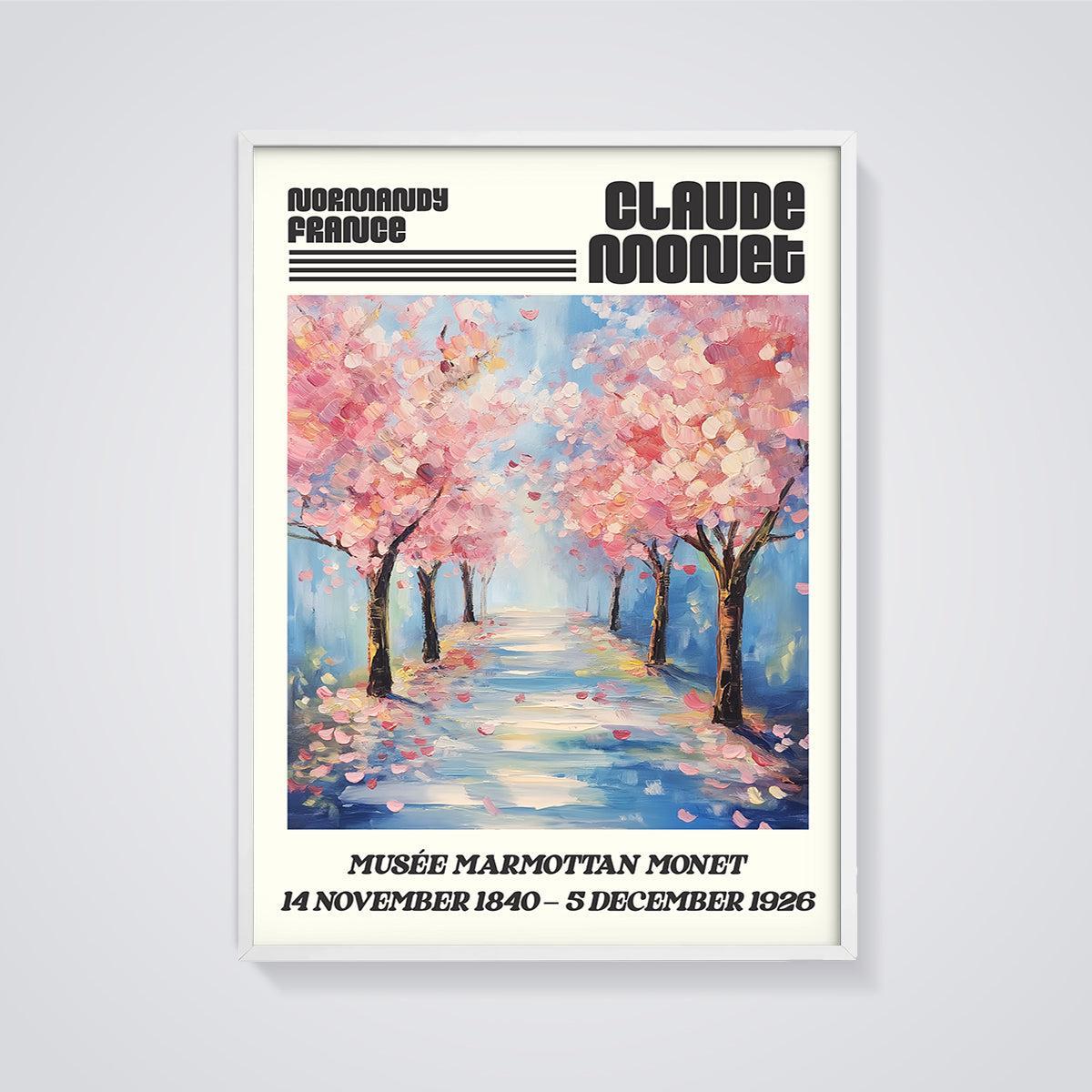 Monet Normandy Cherry Blossom Path Print framed in white on a grey background